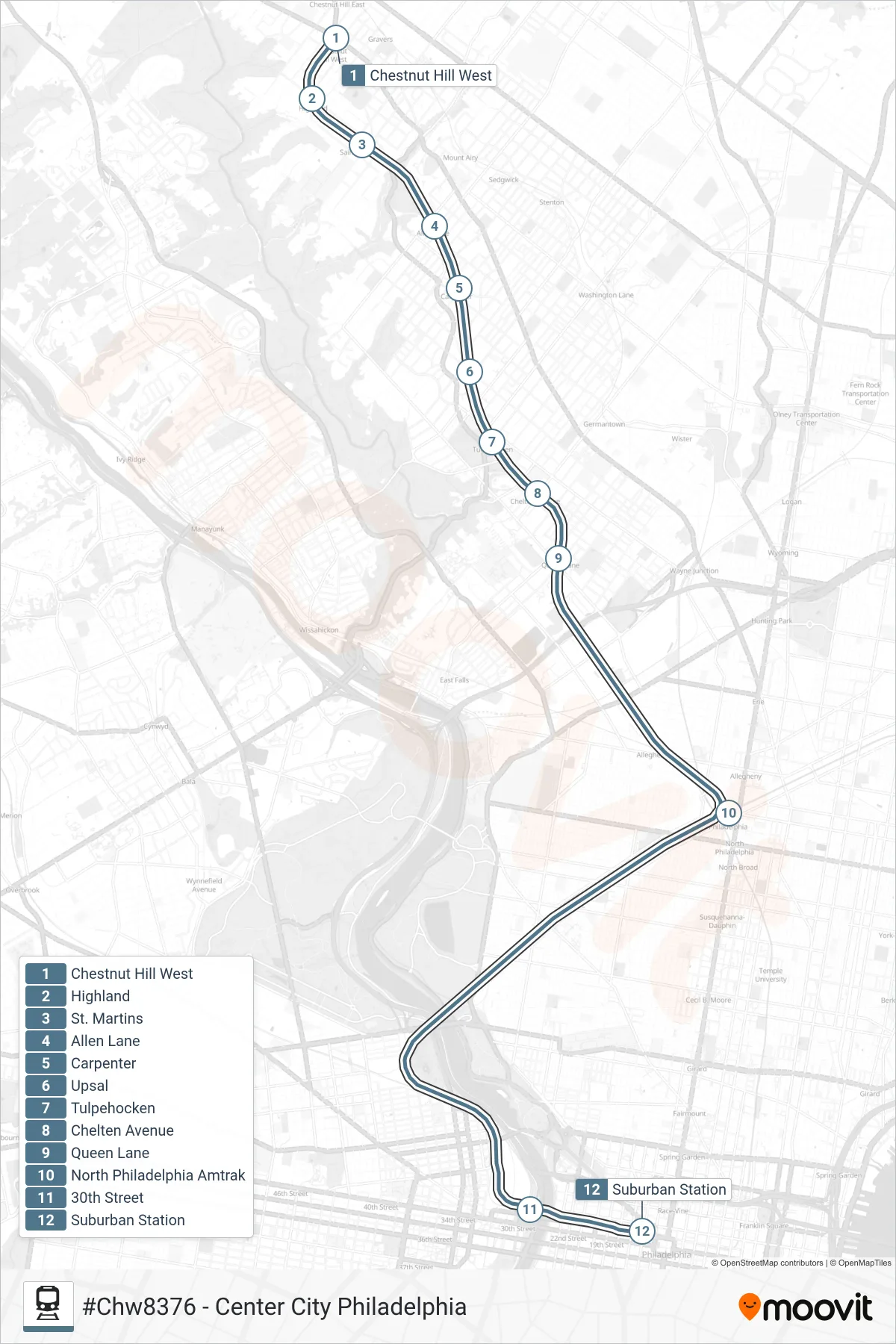 CHW rail Line (#Chw8376 - Center City Philadelphia) route and stops on a map