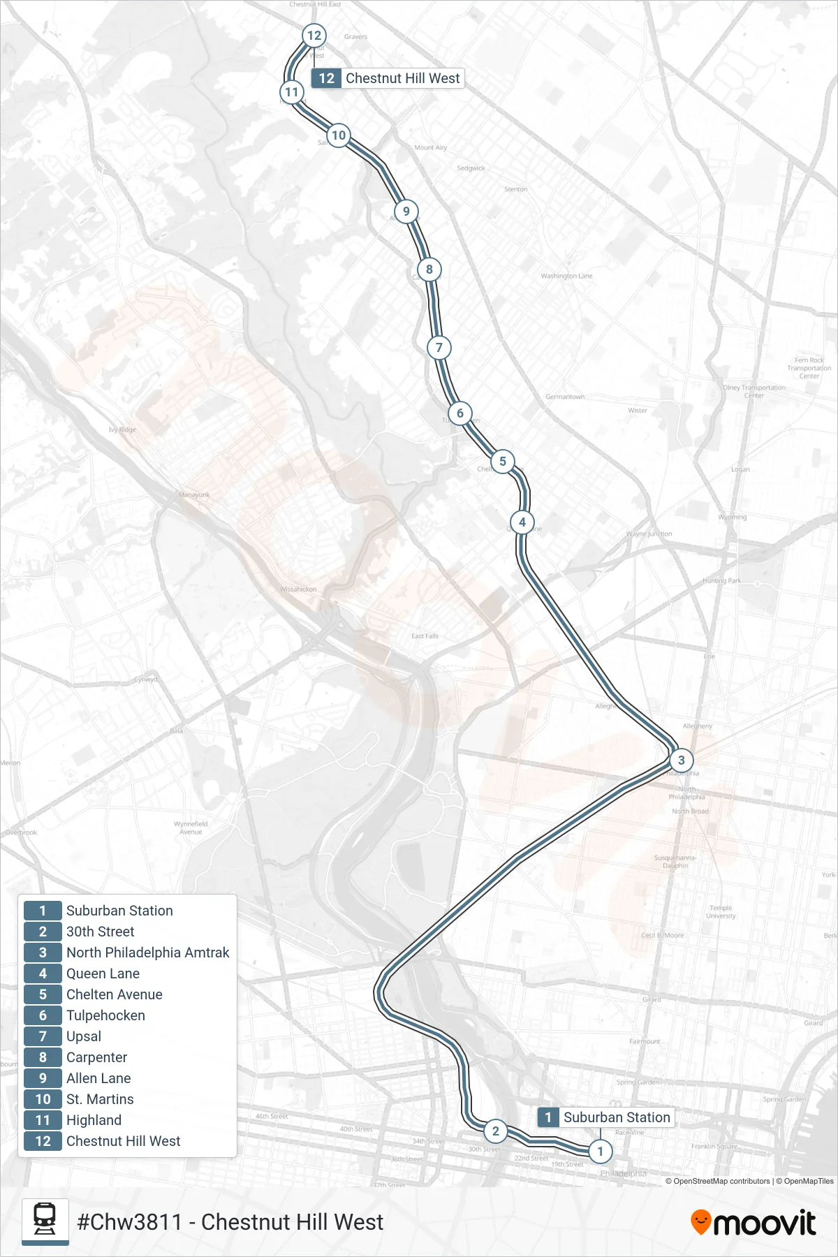 CHW train Line (#Chw3811 - Chestnut Hill West) route and stops on a map
