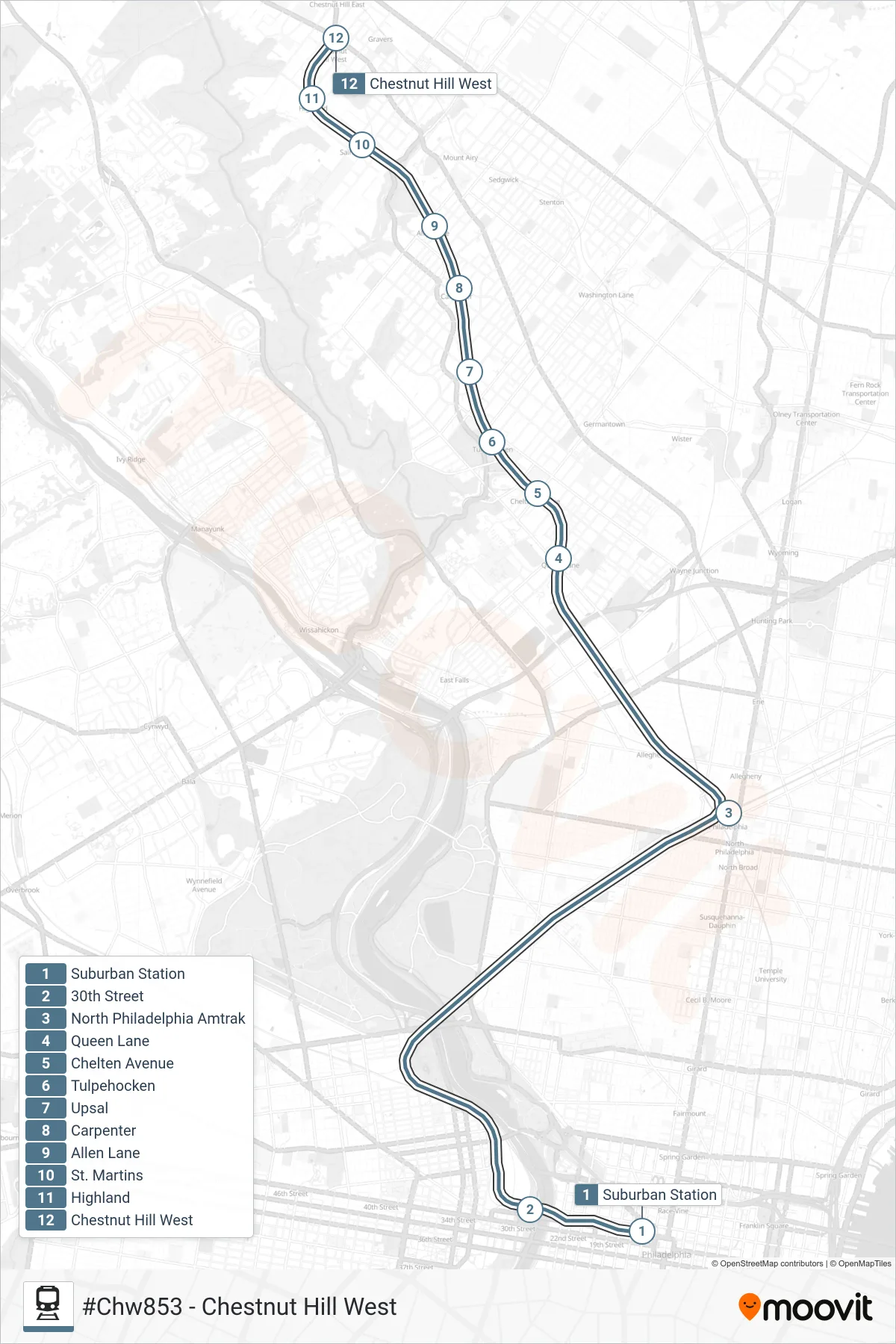 CHW train Line (#Chw853 - Chestnut Hill West) route and stops on a map