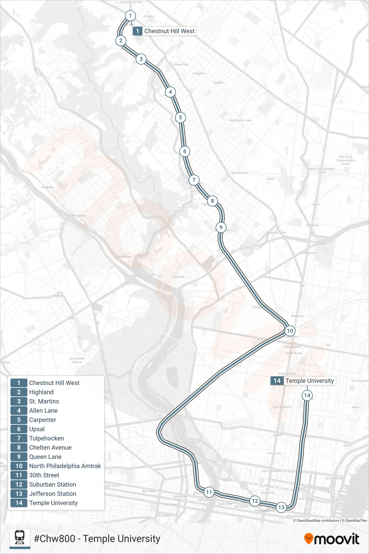 CHW train Line (#Chw800 - Temple University) route and stops on a map