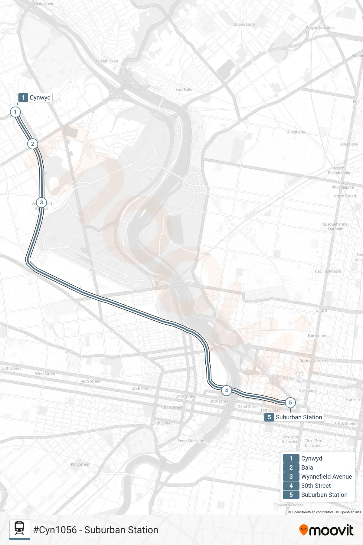 CYN rail Line (#Cyn1056 - Suburban Station) route and stops on a map