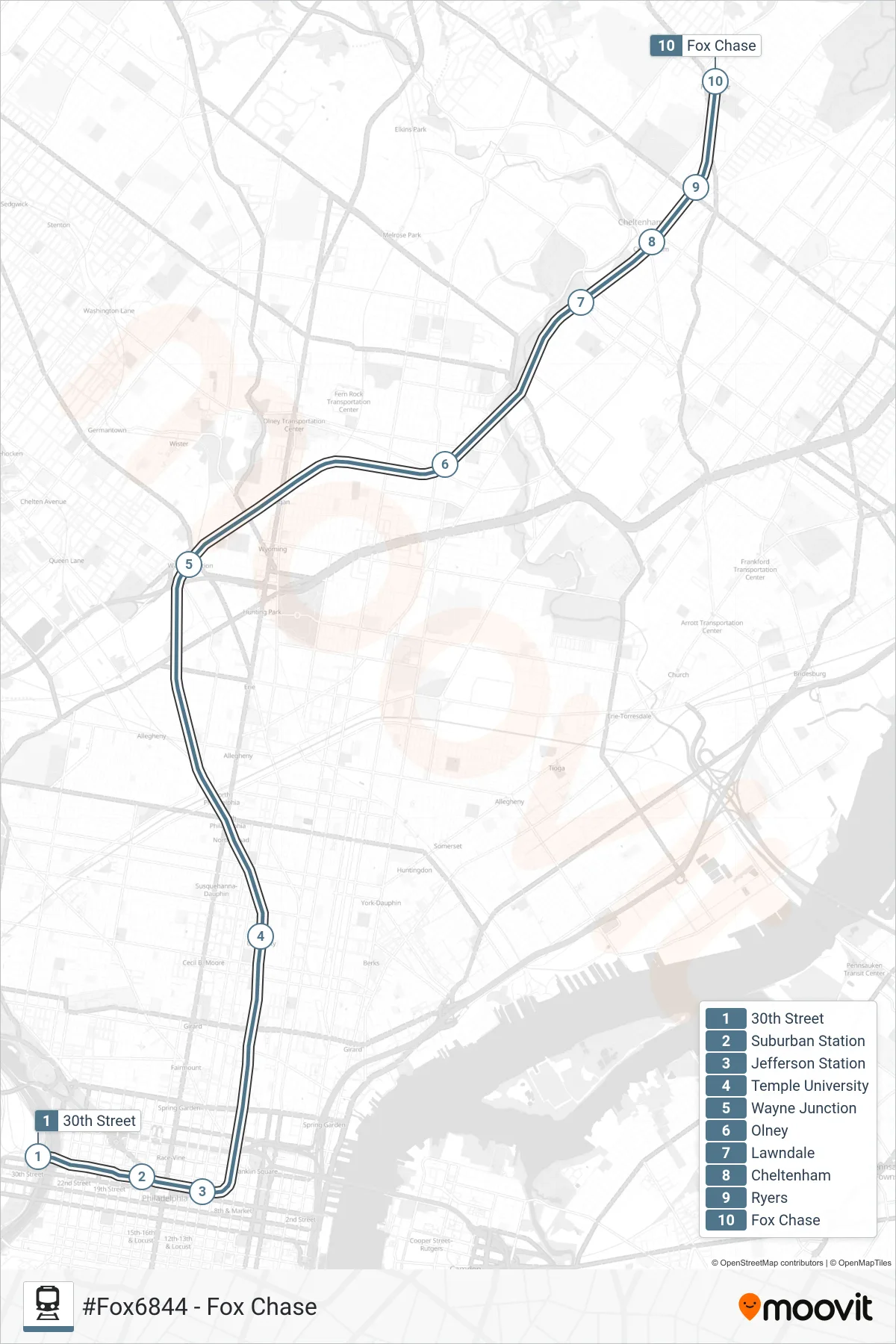FOX train Line (#Fox6844 - Fox Chase) route and stops on a map