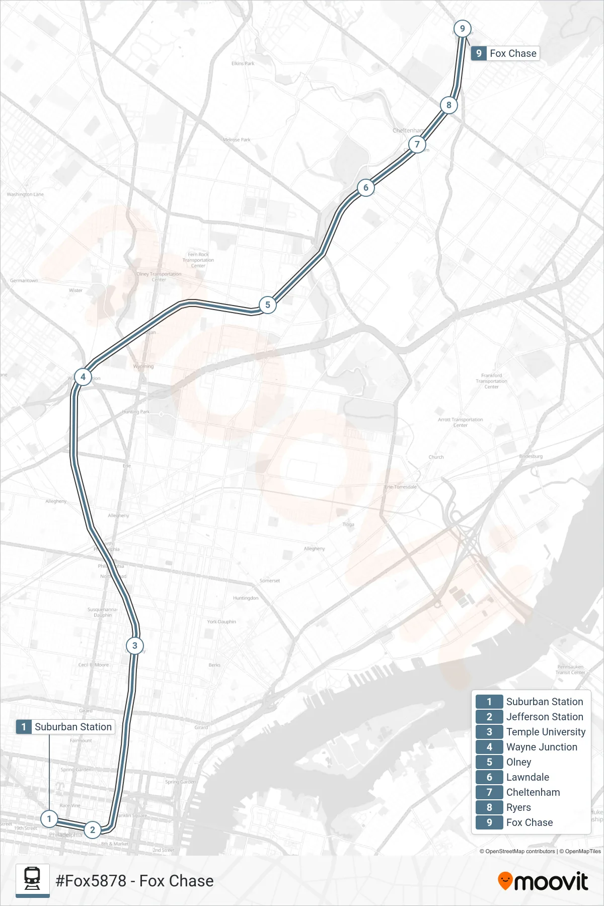 FOX train Line (#Fox5878 - Fox Chase) route and stops on a map