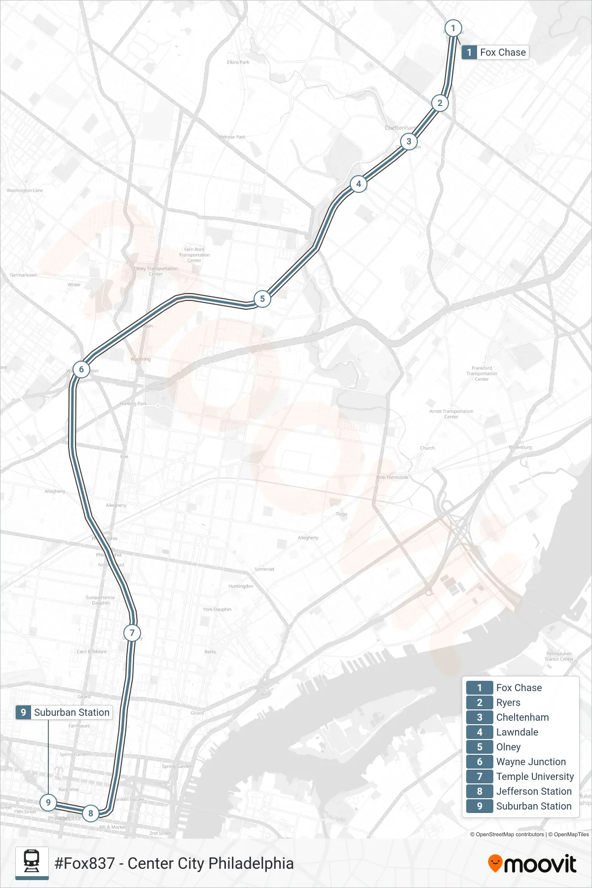 FOX train Line (#Fox837 - Center City Philadelphia) route and stops on a map