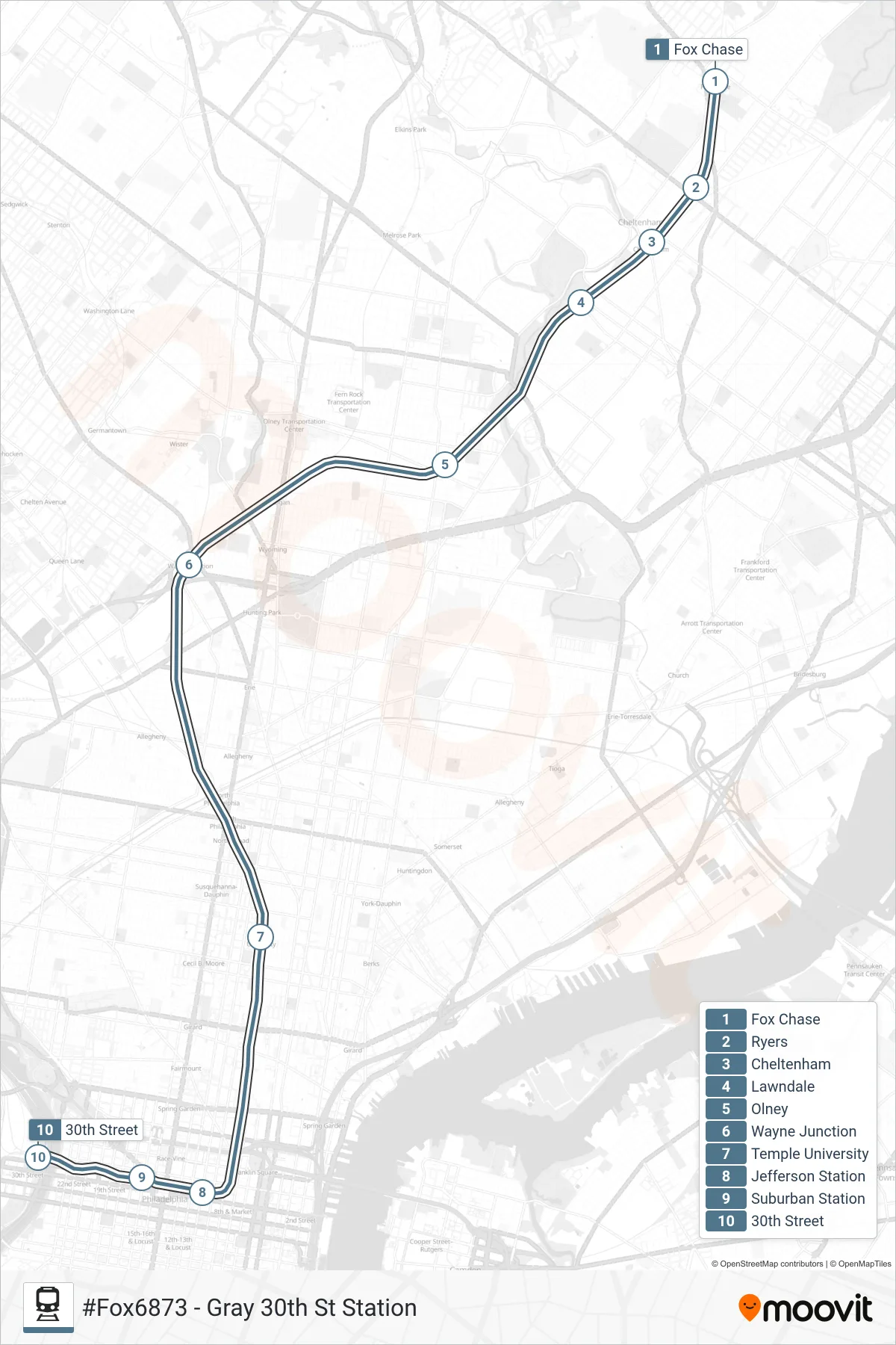 FOX train Line (#Fox6873 - Gray 30th St Station) route and stops on a map
