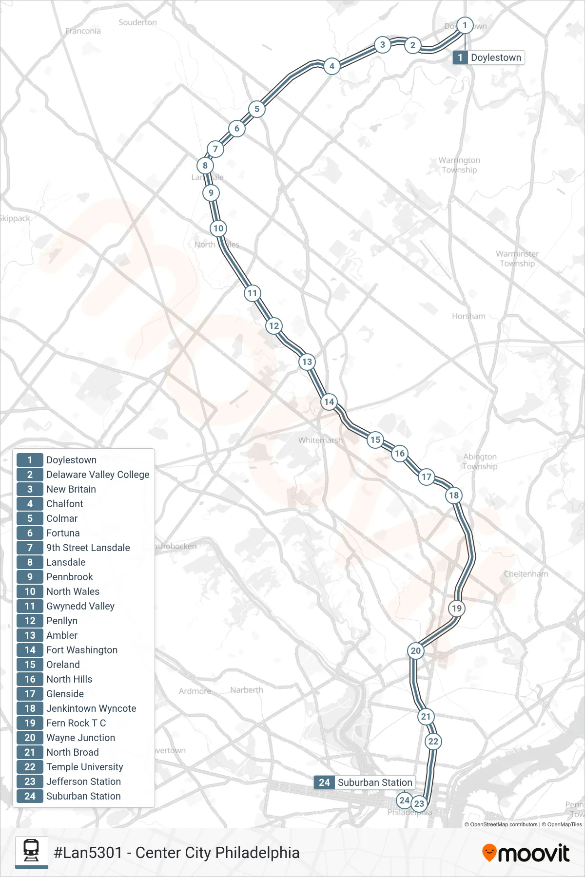 LAN train Line (#Lan5301 - Center City Philadelphia) route and stops on a map