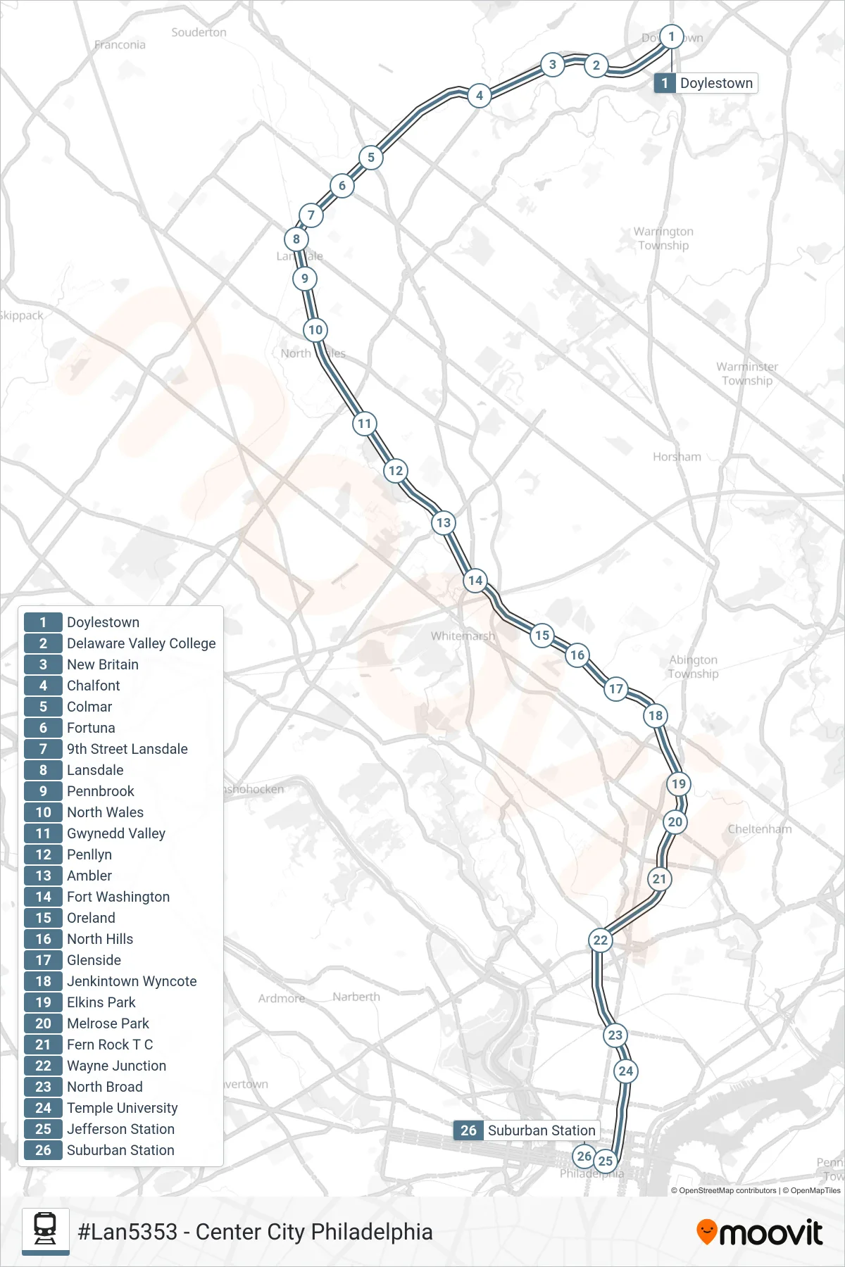 LAN rail Line (#Lan5353 - Center City Philadelphia) route and stops on a map