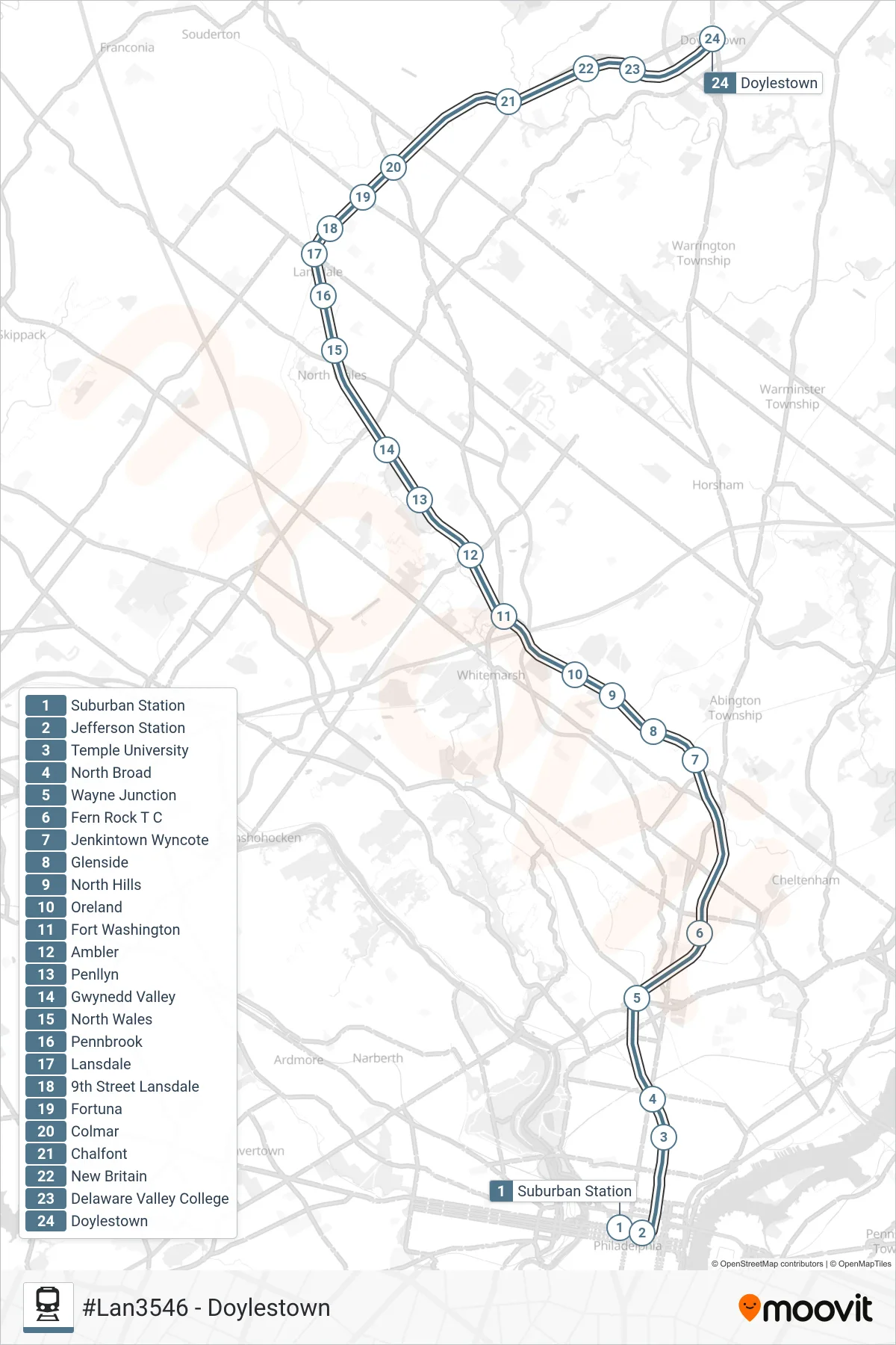 LAN rail Line (#Lan3546 - Doylestown) route and stops on a map