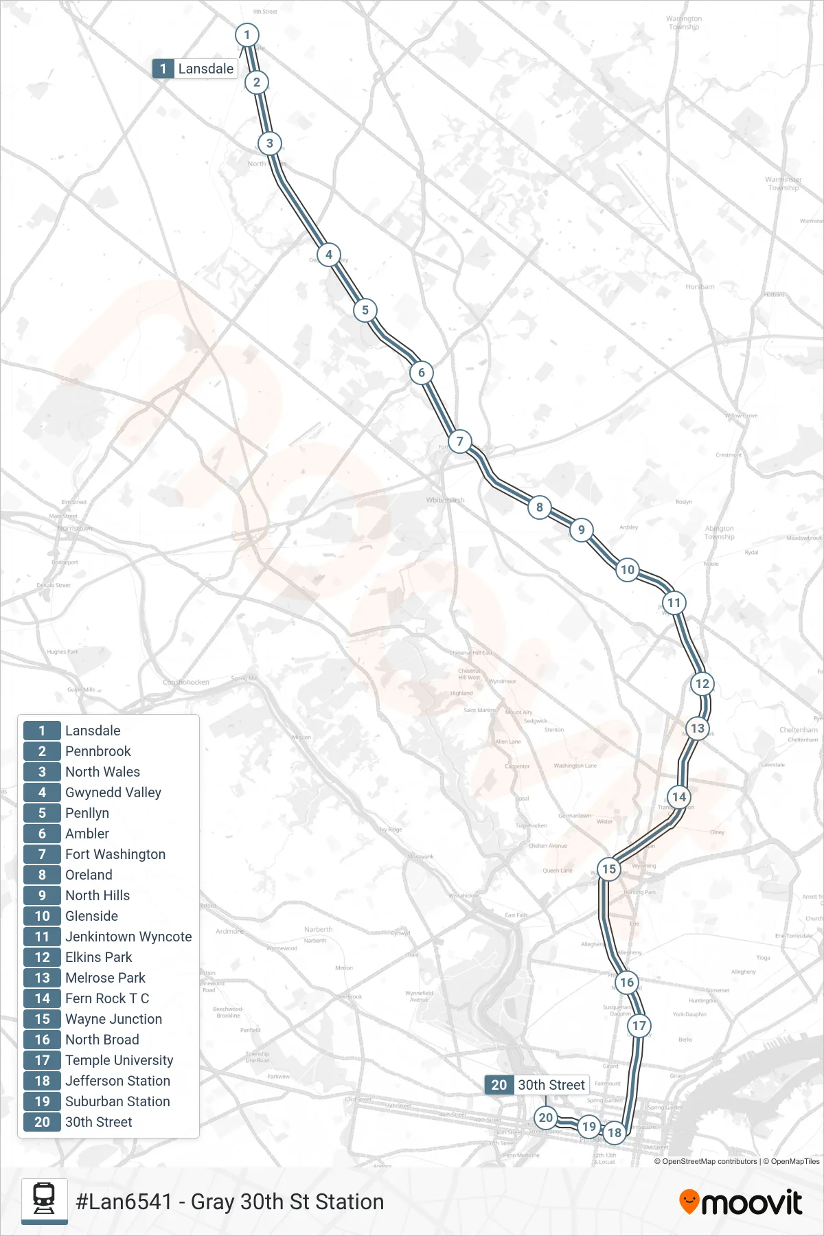 LAN train Line (#Lan6541 - Gray 30th St Station) route and stops on a map
