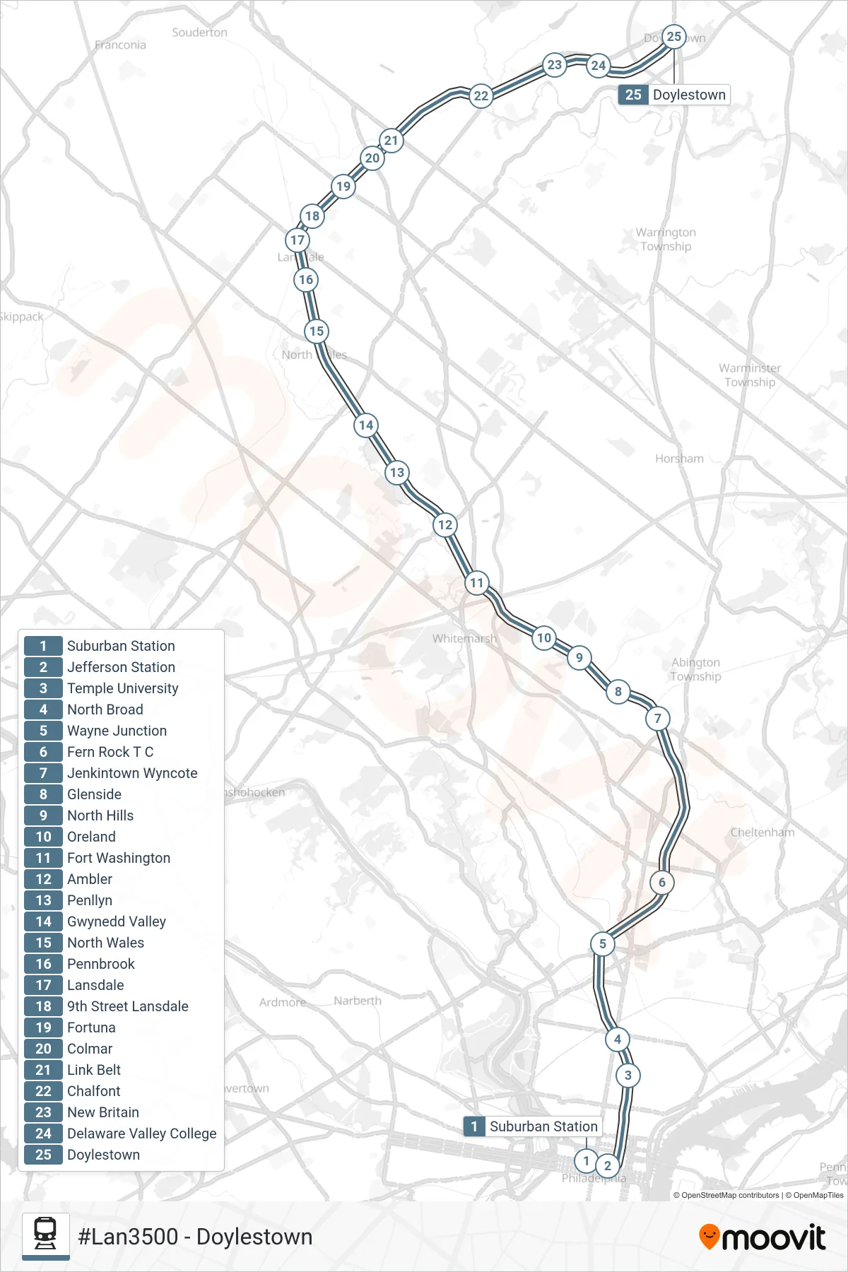 LAN rail Line (#Lan3500 - Doylestown) route and stops on a map