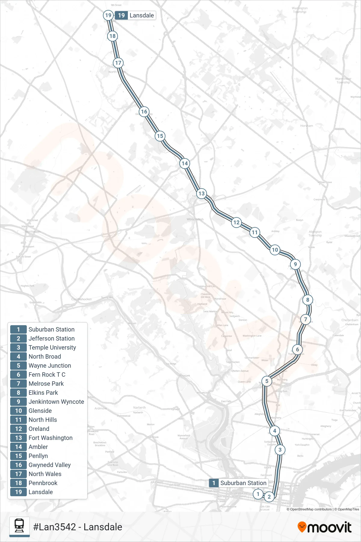 LAN rail Line (#Lan3542 - Lansdale) route and stops on a map