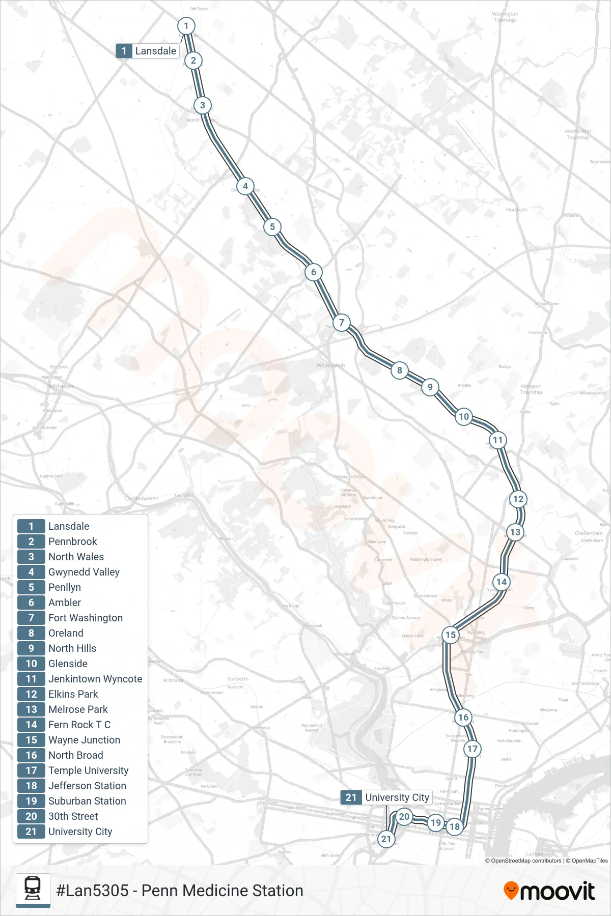 LAN train Line (#Lan5305 - Penn Medicine Station) route and stops on a map