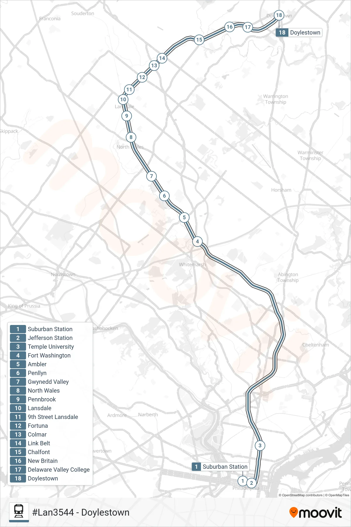 LAN train Line (#Lan3544 - Doylestown) route and stops on a map