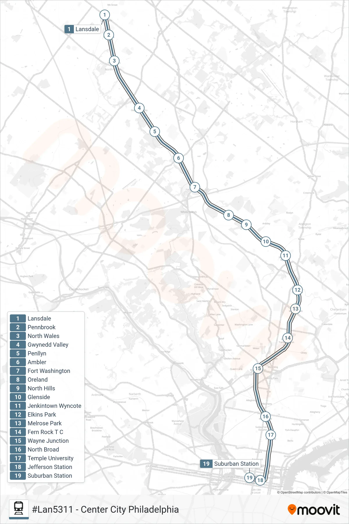 LAN train Line (#Lan5311 - Center City Philadelphia) route and stops on a map