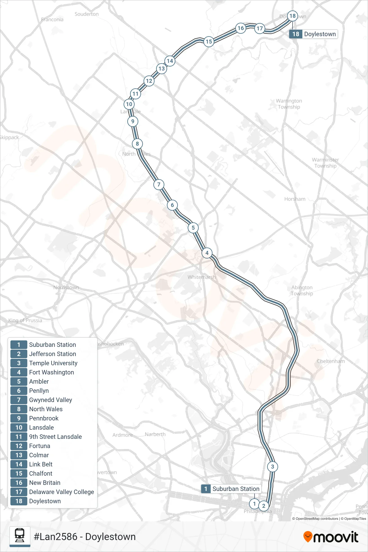 LAN train Line (#Lan2586 - Doylestown) route and stops on a map