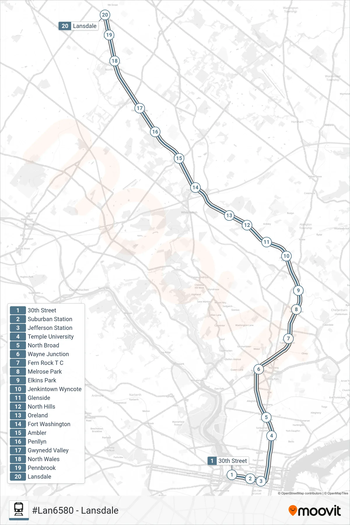 LAN rail Line (#Lan6580 - Lansdale) route and stops on a map