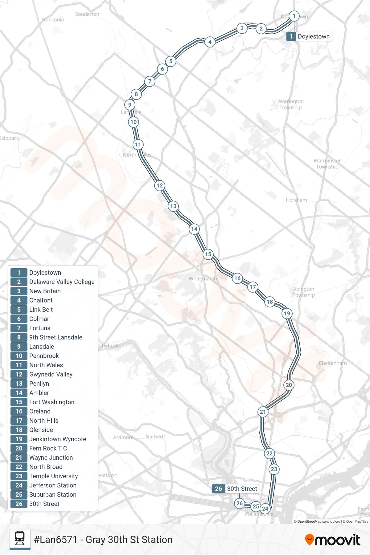 LAN rail Line (#Lan6571 - Gray 30th St Station) route and stops on a map