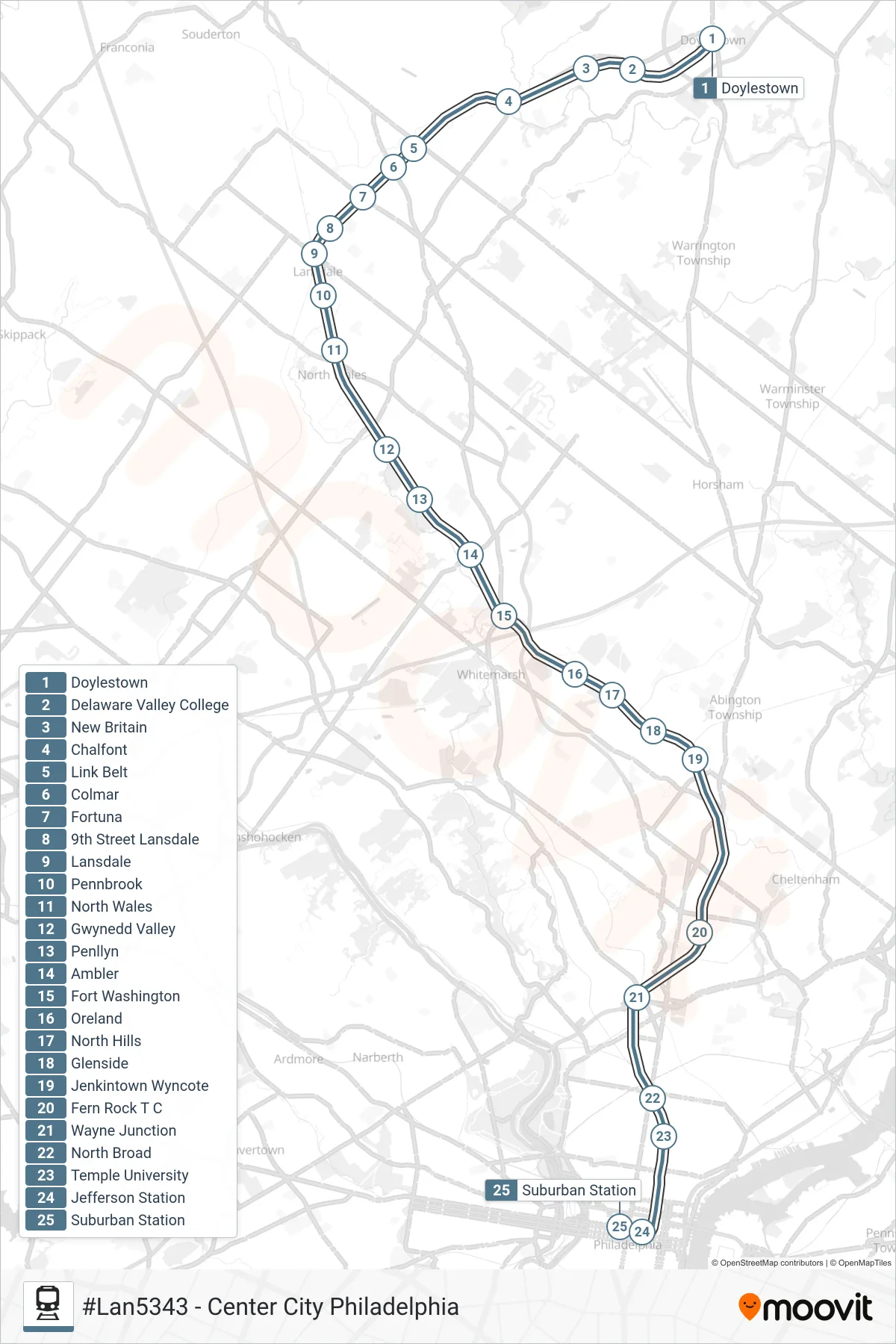 LAN train Line (#Lan5343 - Center City Philadelphia) route and stops on a map