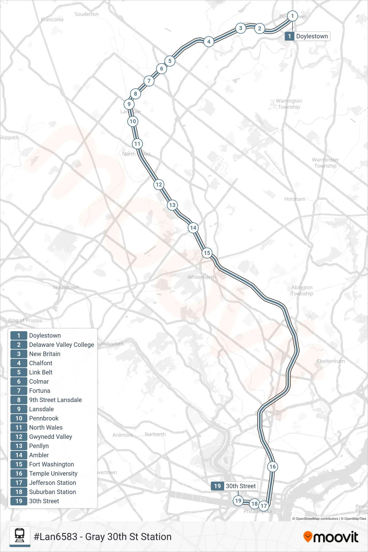 LAN train Line (#Lan6583 - Gray 30th St Station) route and stops on a map
