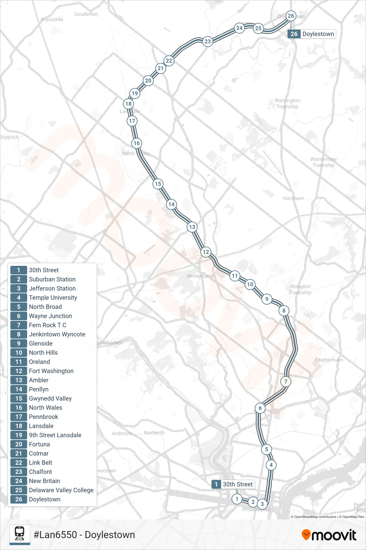 LAN train Line (#Lan6550 - Doylestown) route and stops on a map