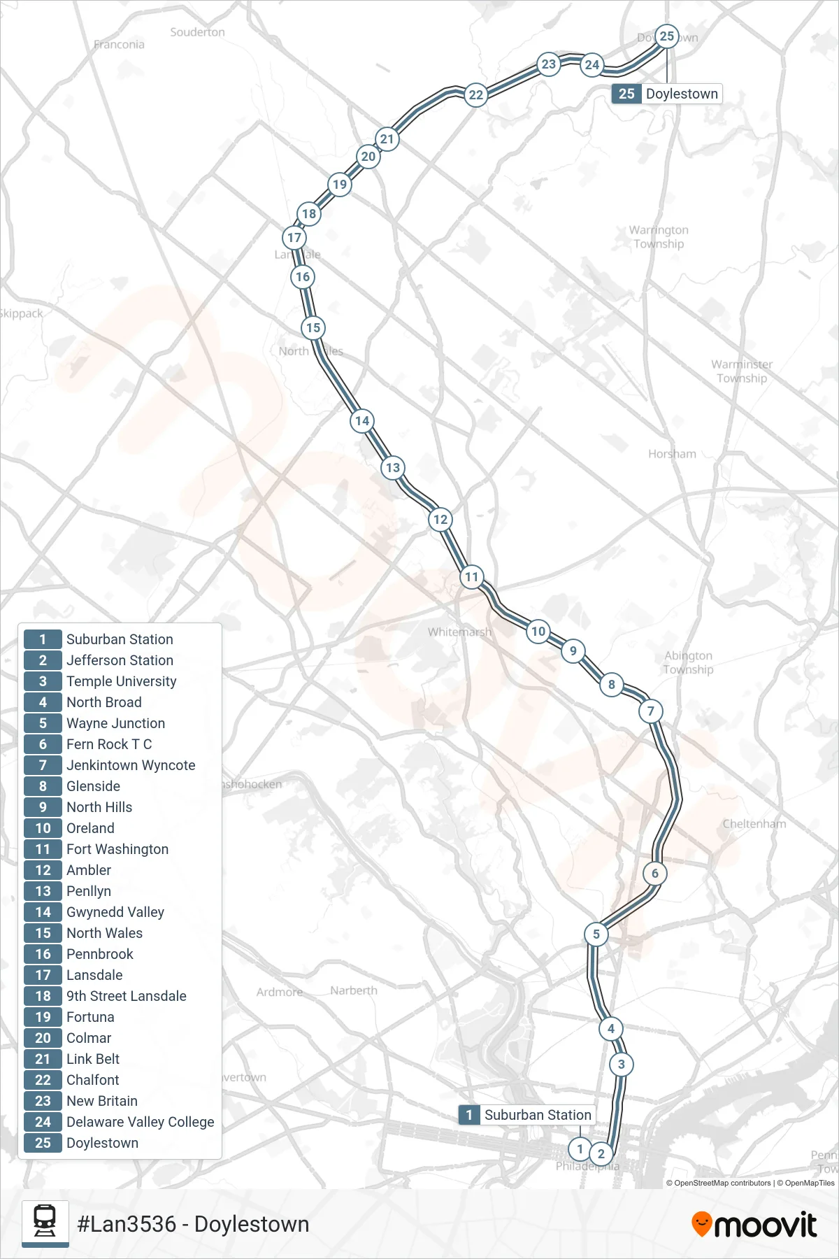 LAN train Line (#Lan3536 - Doylestown) route and stops on a map
