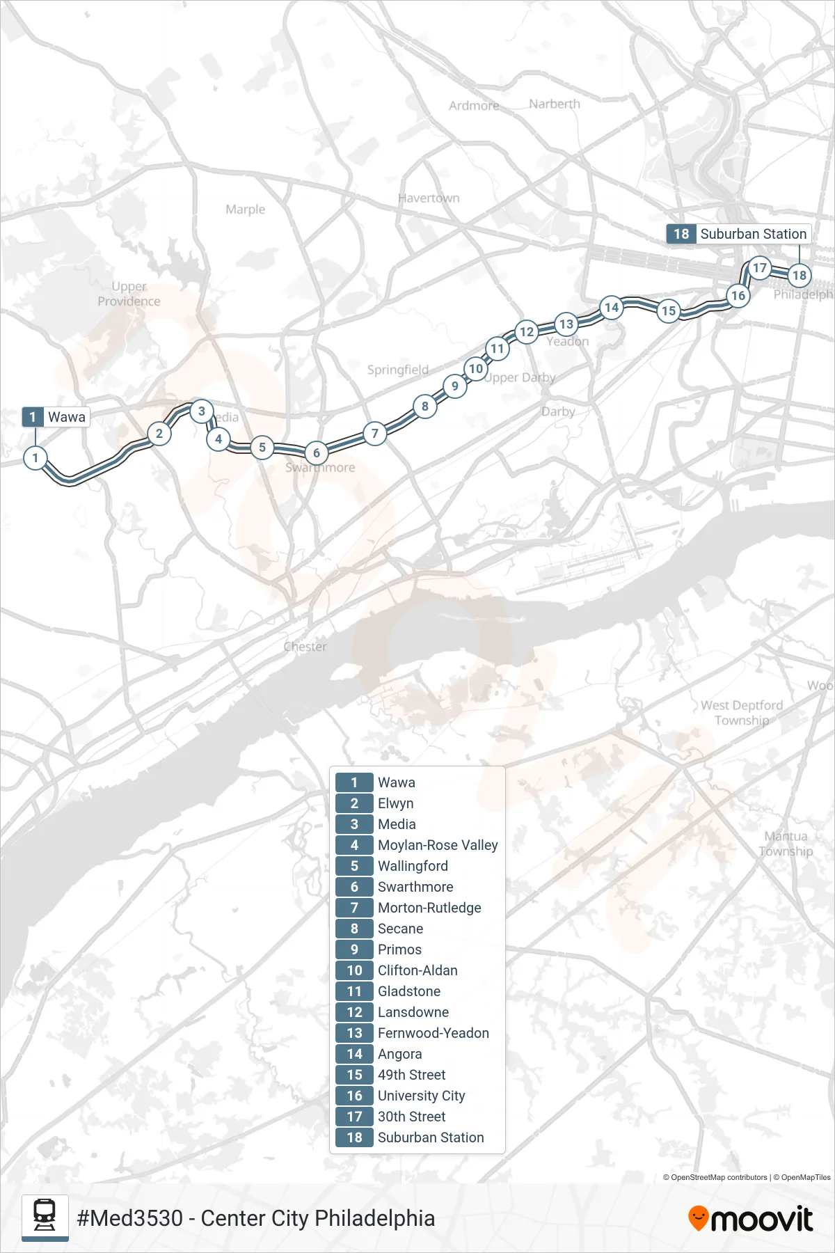 MED rail Line (#Med3530 - Center City Philadelphia) route and stops on a map