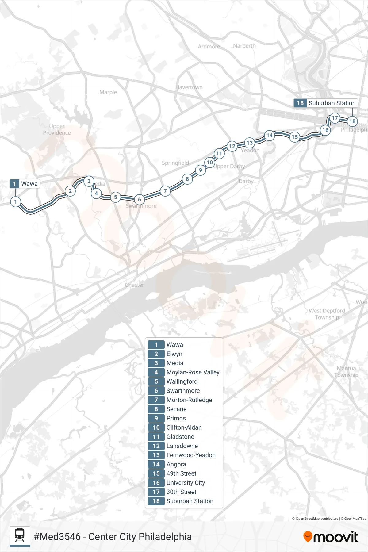 MED train Line (#Med3546 - Center City Philadelphia) route and stops on a map