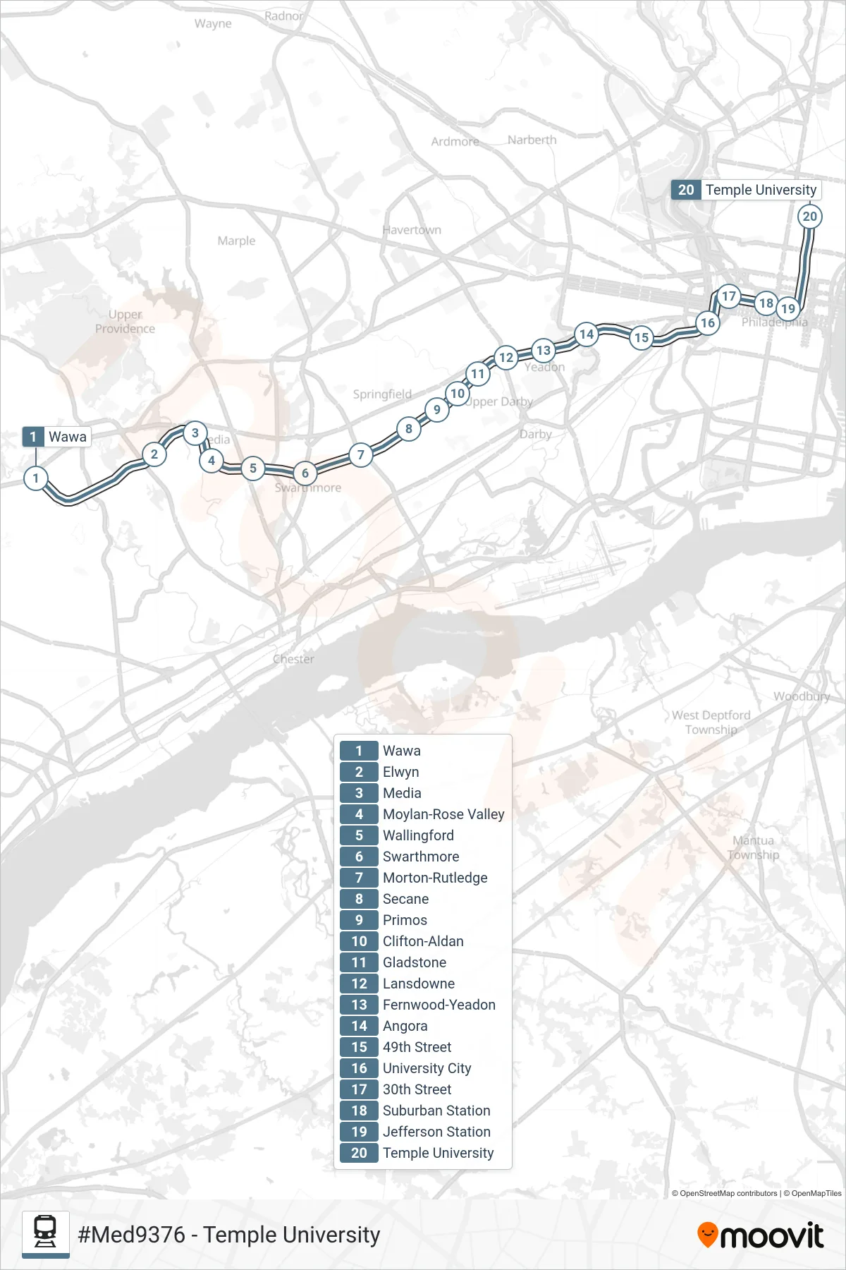 MED rail Line (#Med9376 - Temple University) route and stops on a map