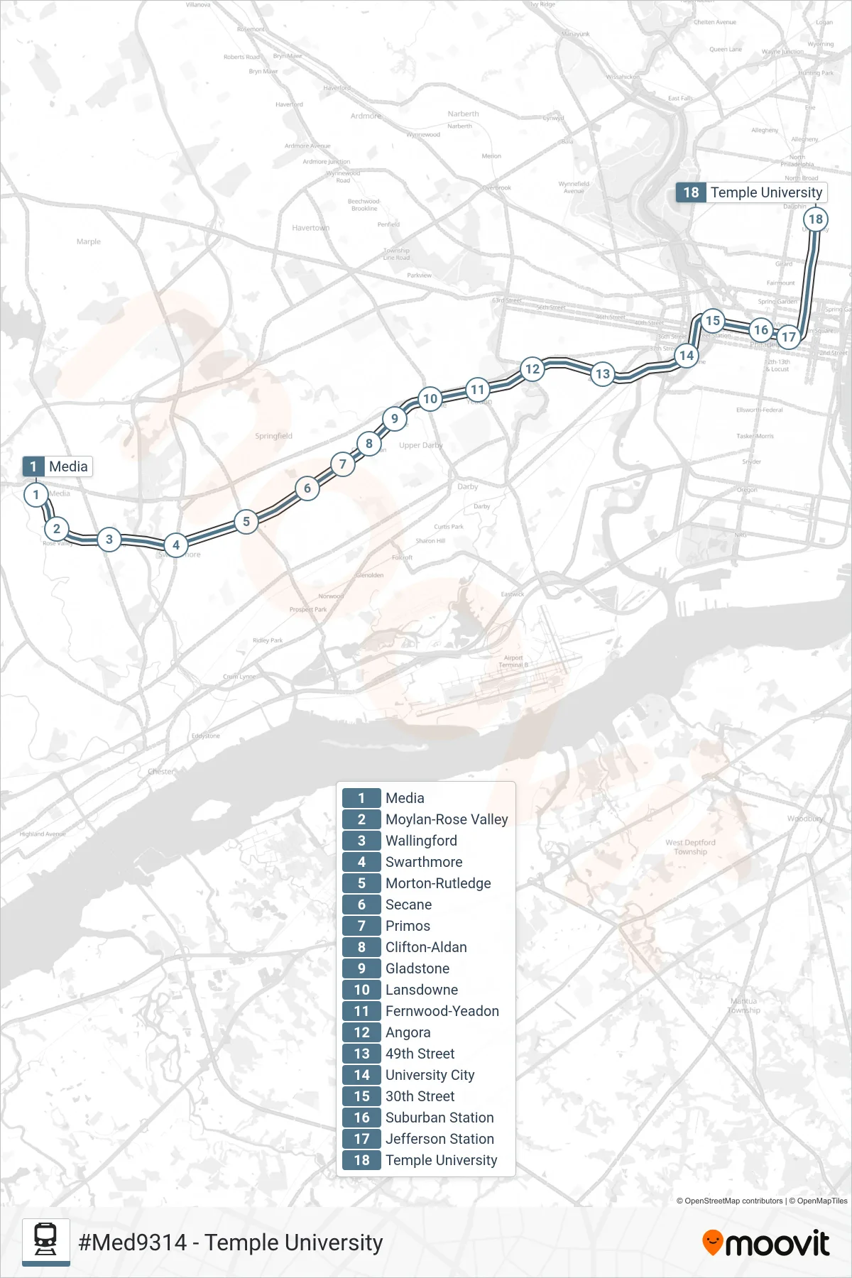 MED train Line (#Med9314 - Temple University) route and stops on a map