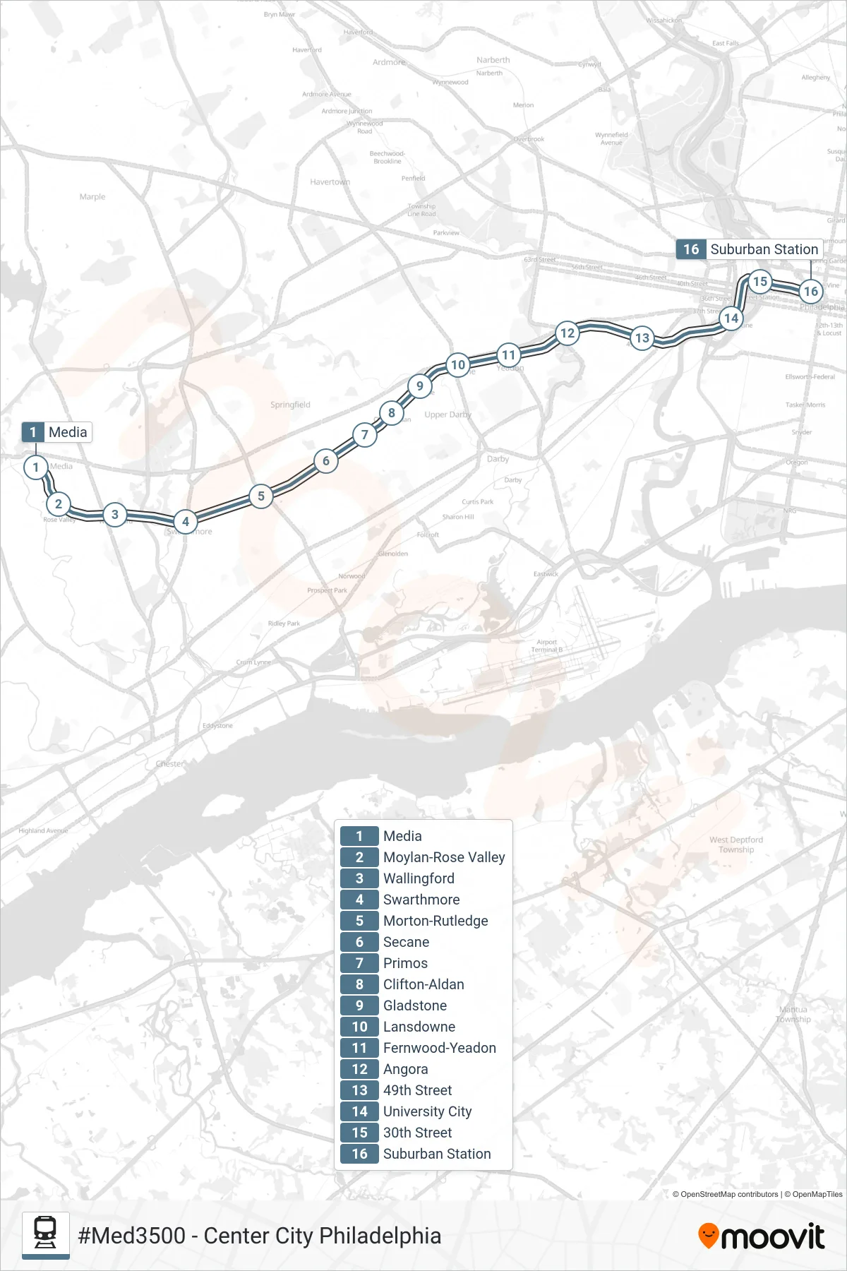 MED train Line (#Med3500 - Center City Philadelphia) route and stops on a map