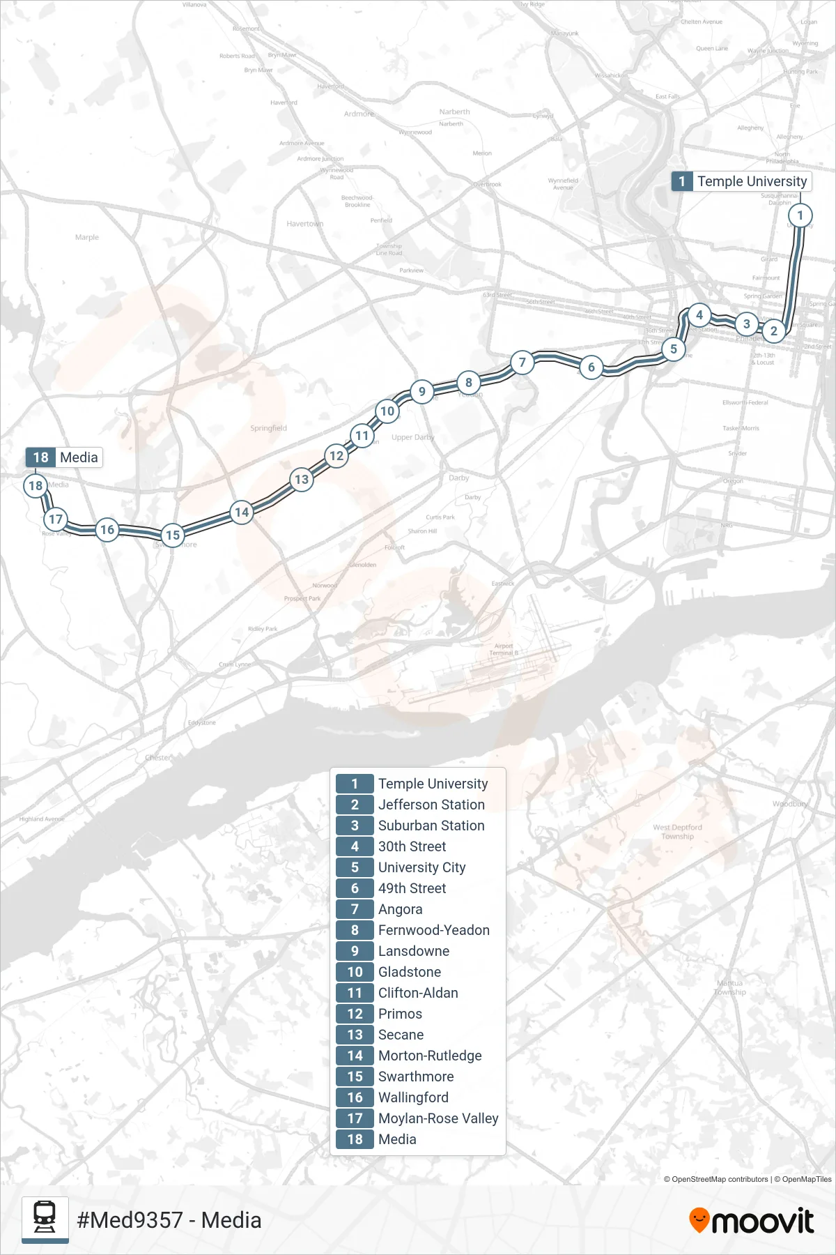 MED train Line (#Med9357 - Media) route and stops on a map