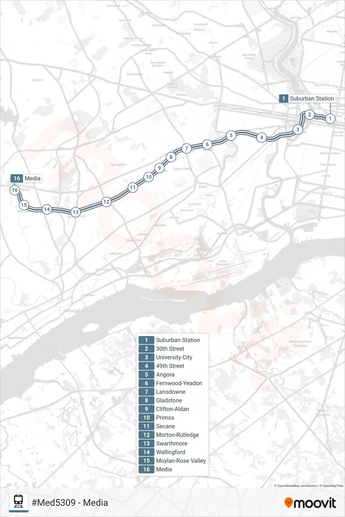 MED train Line (#Med5309 - Media) route and stops on a map