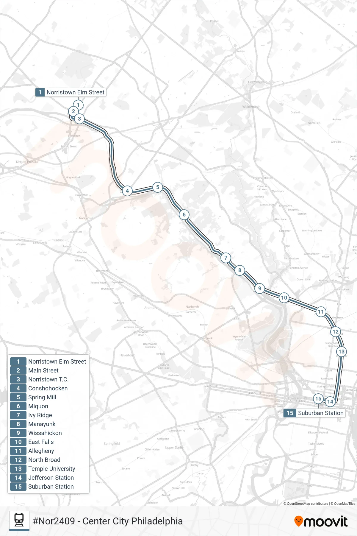 NOR rail Line (#Nor2409 - Center City Philadelphia) route and stops on a map