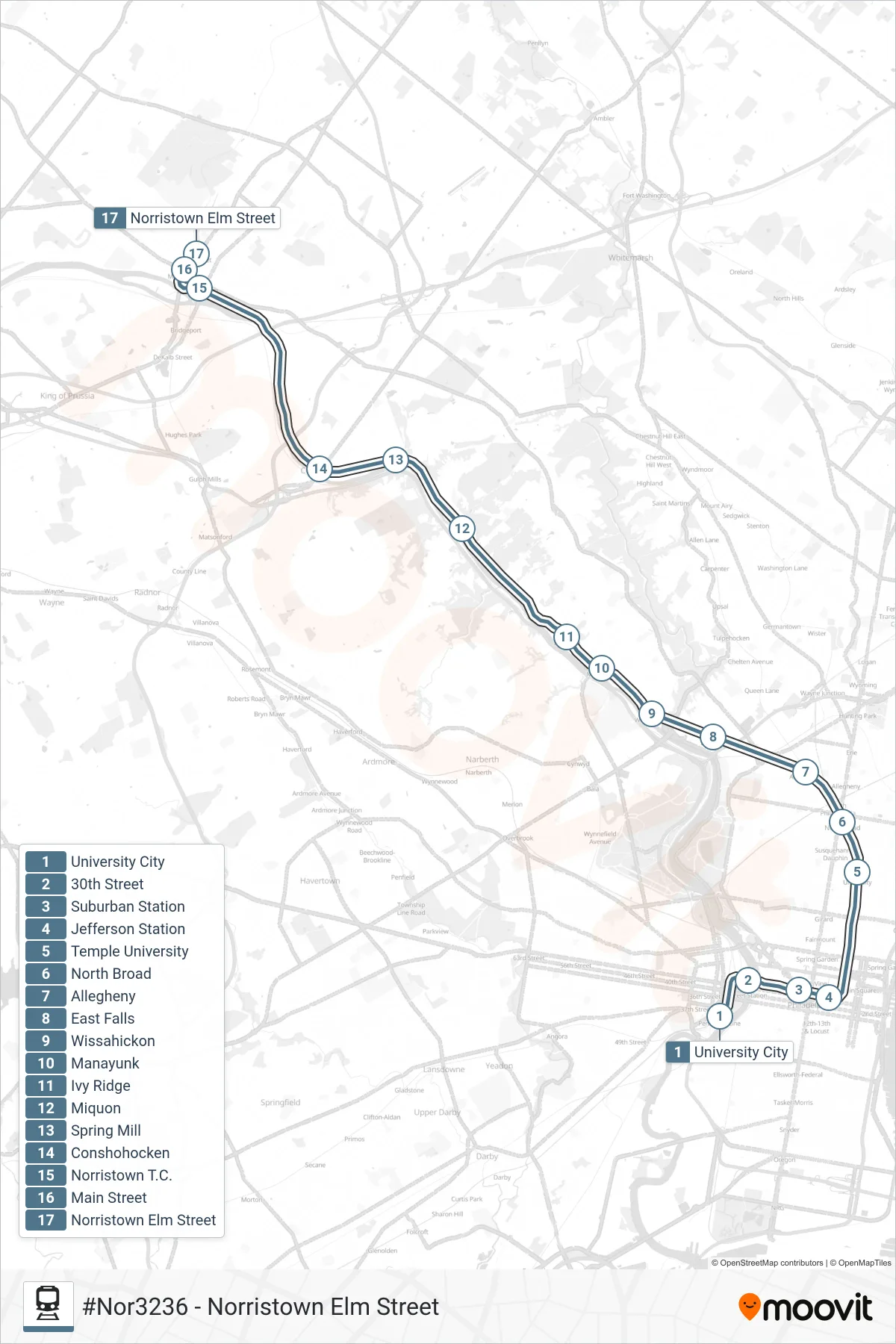 NOR train Line (#Nor3236 - Norristown Elm Street) route and stops on a map