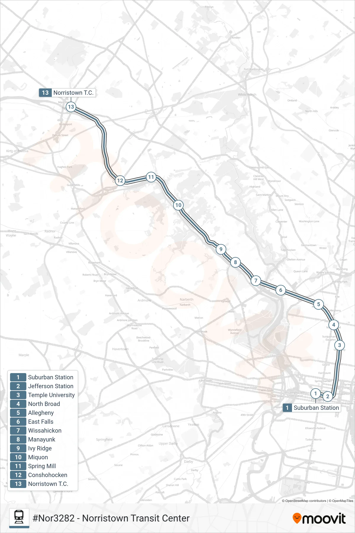 NOR rail Line (#Nor3282 - Norristown Transit Center) route and stops on a map
