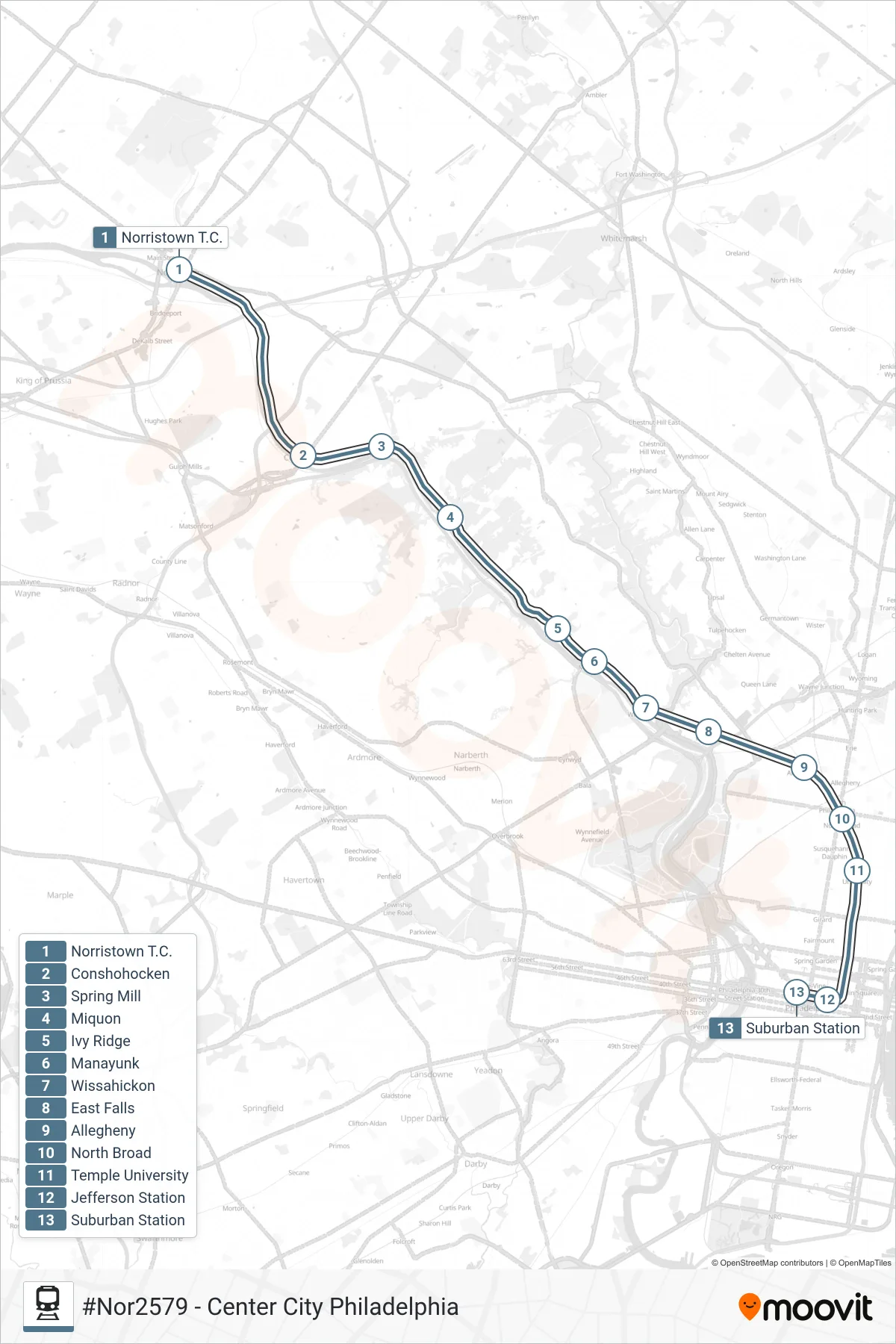 NOR rail Line (#Nor2579 - Center City Philadelphia) route and stops on a map