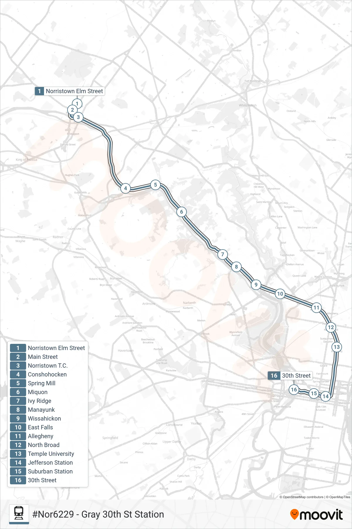 NOR train Line (#Nor6229 - Gray 30th St Station) route and stops on a map