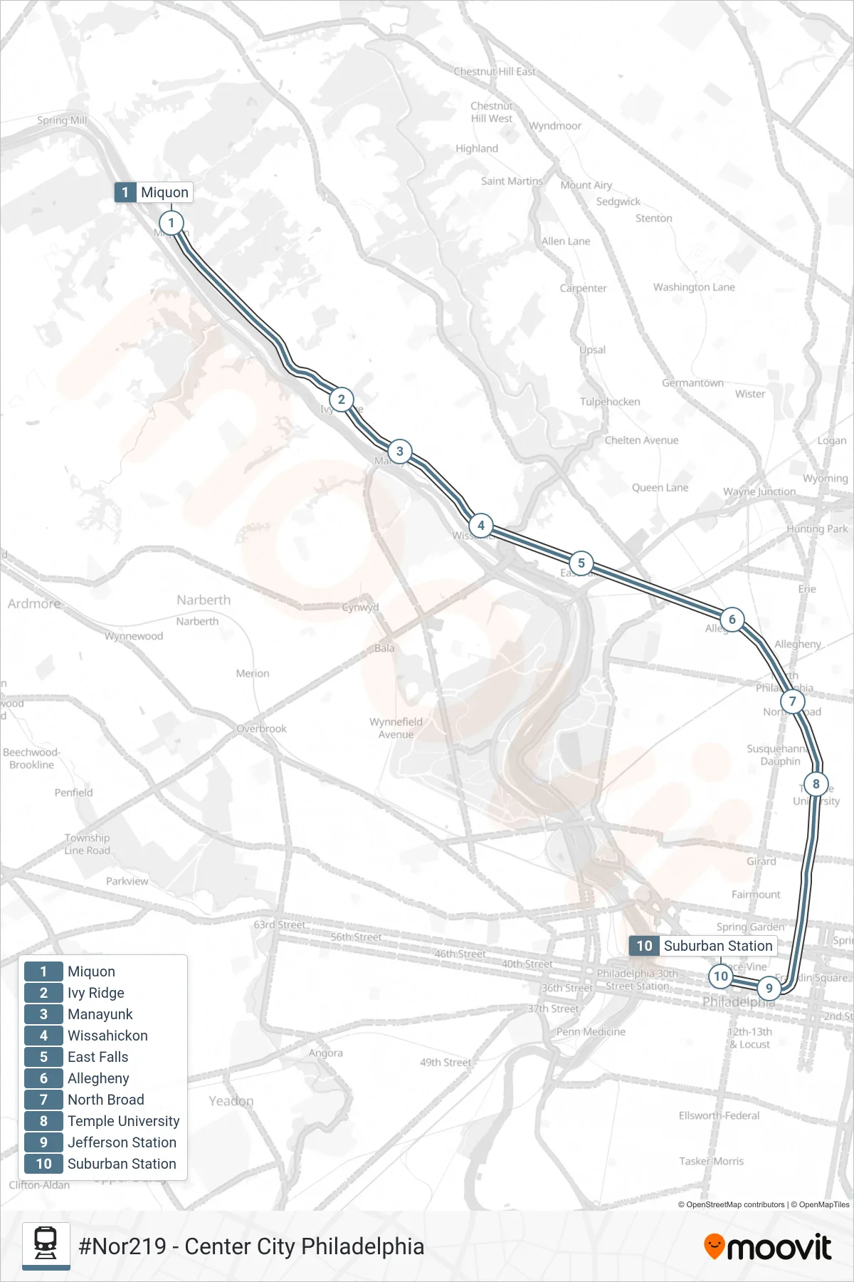 NOR train Line (#Nor219 - Center City Philadelphia) route and stops on a map