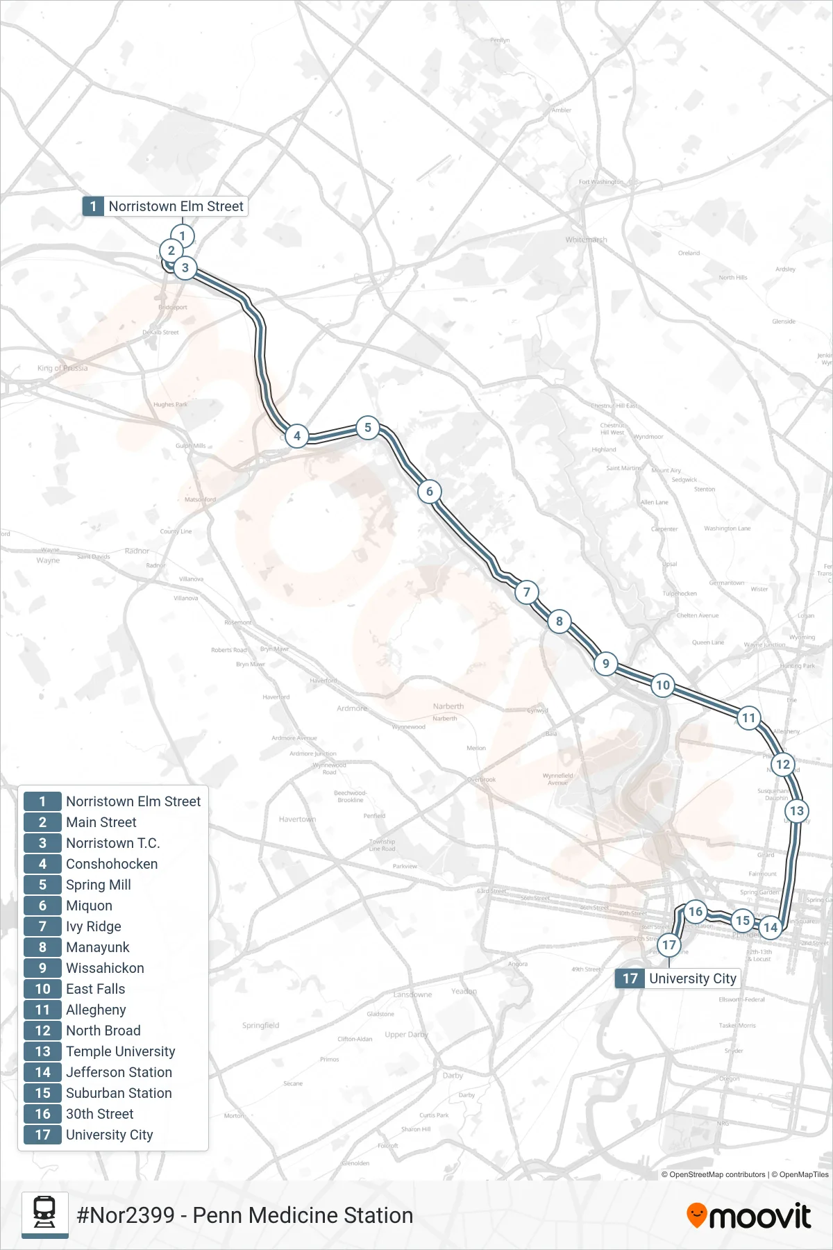 NOR train Line (#Nor2399 - Penn Medicine Station) route and stops on a map