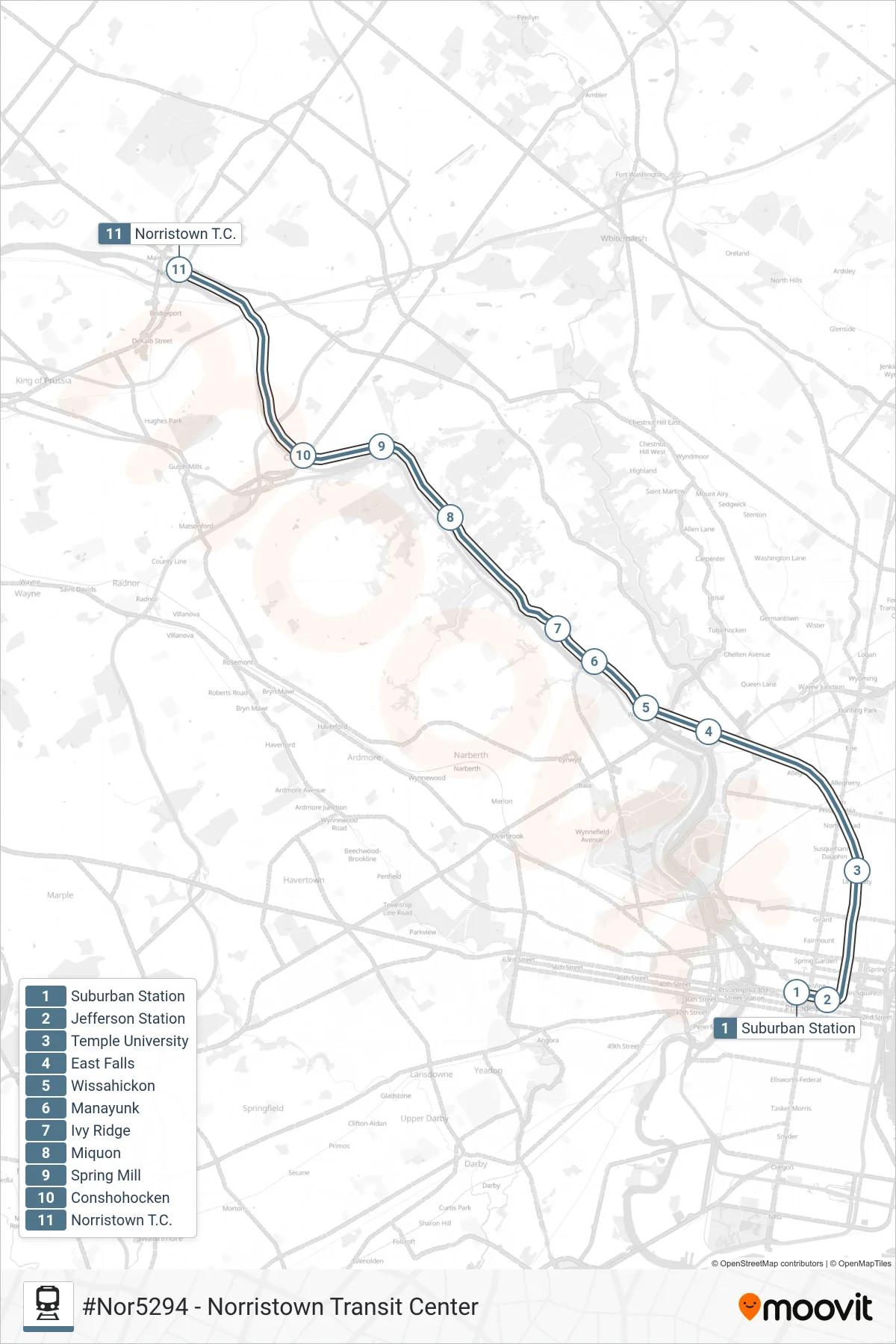 NOR train Line (#Nor5294 - Norristown Transit Center) route and stops on a map