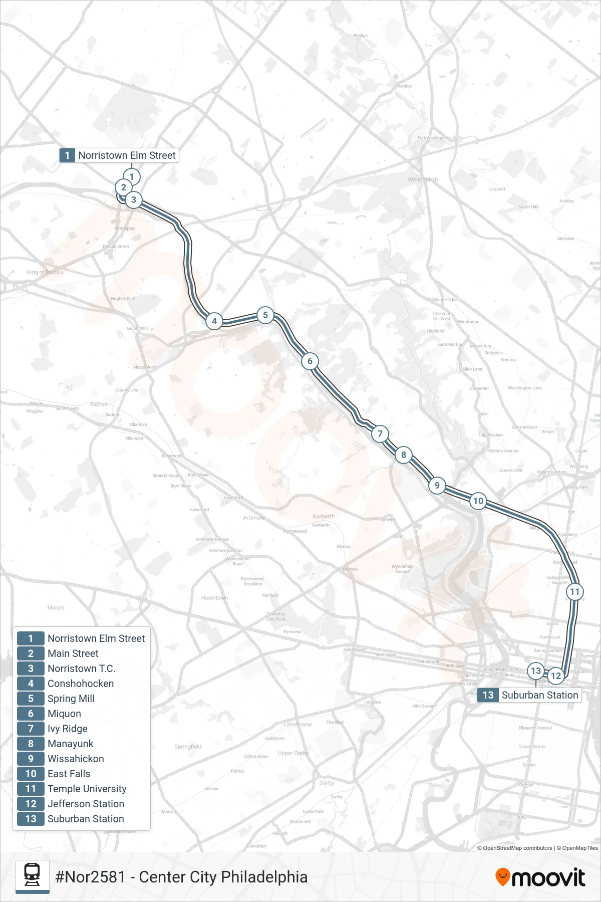 NOR train Line (#Nor2581 - Center City Philadelphia) route and stops on a map