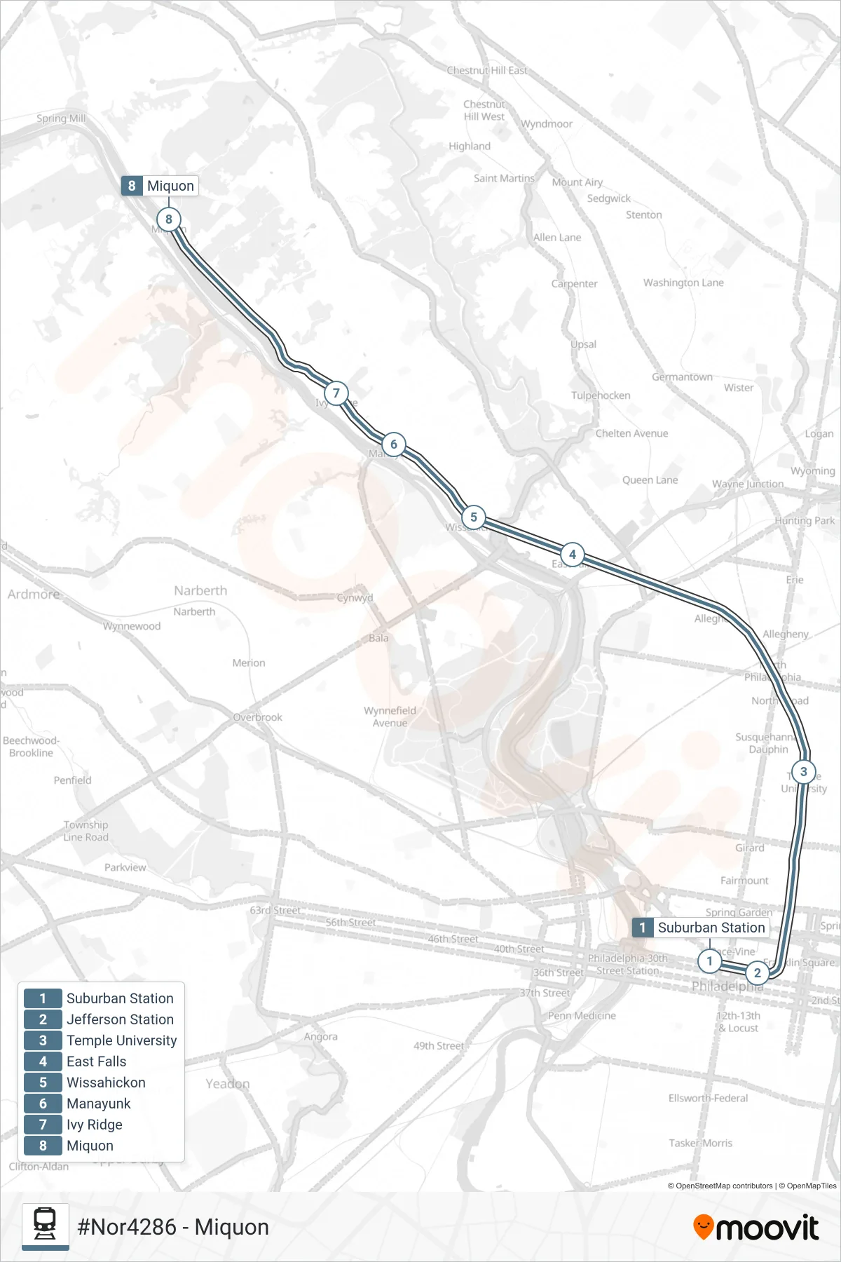 NOR train Line (#Nor4286 - Miquon) route and stops on a map