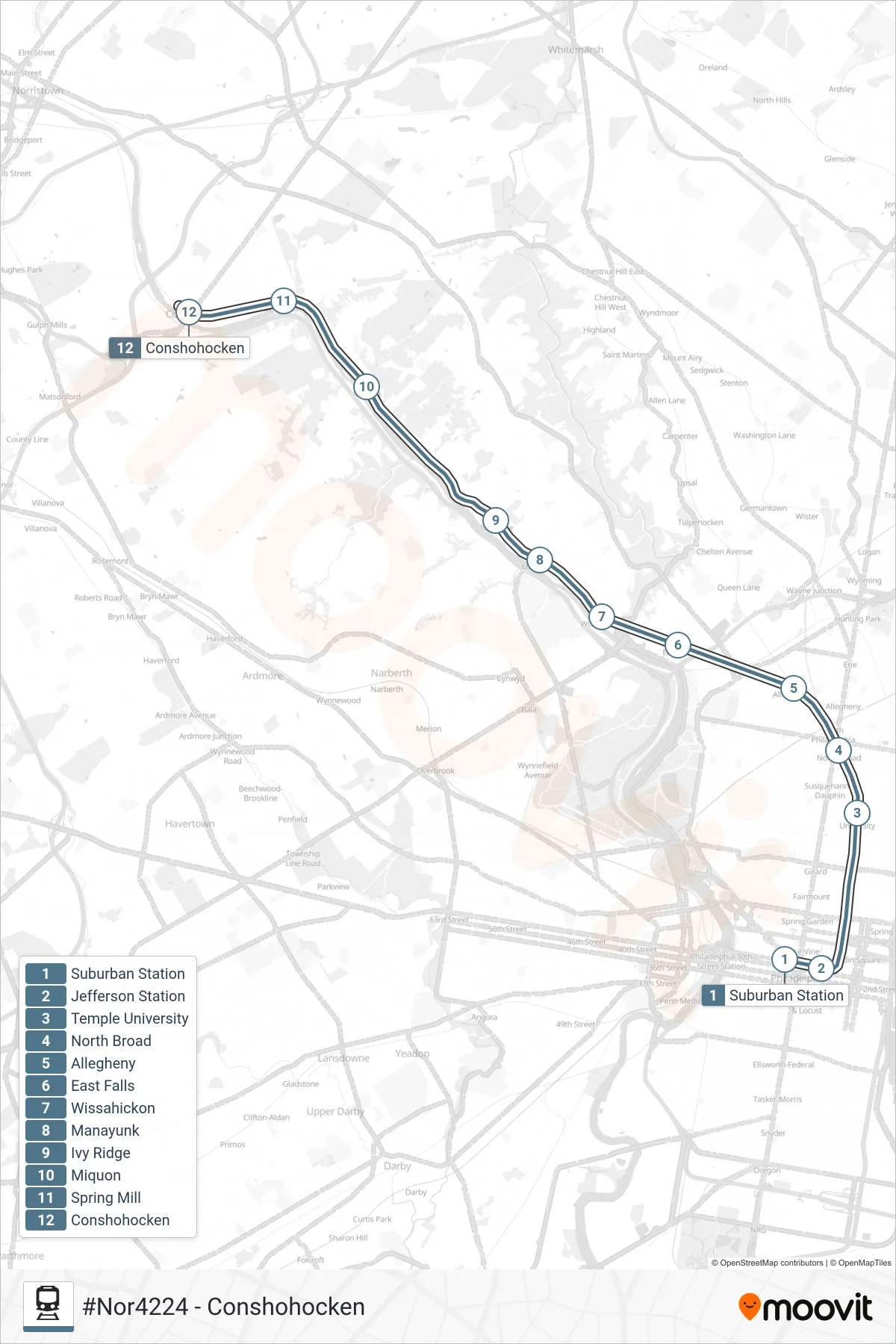 NOR train Line (#Nor4224 - Conshohocken) route and stops on a map
