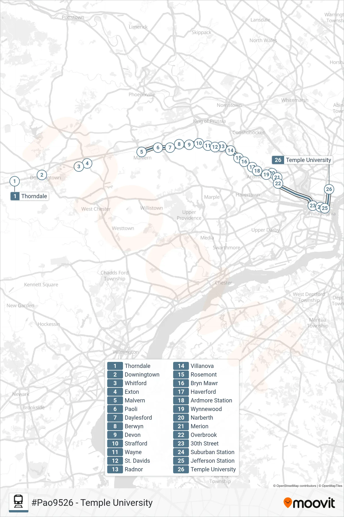 PAO train Line (#Pao9526 - Temple University) route and stops on a map