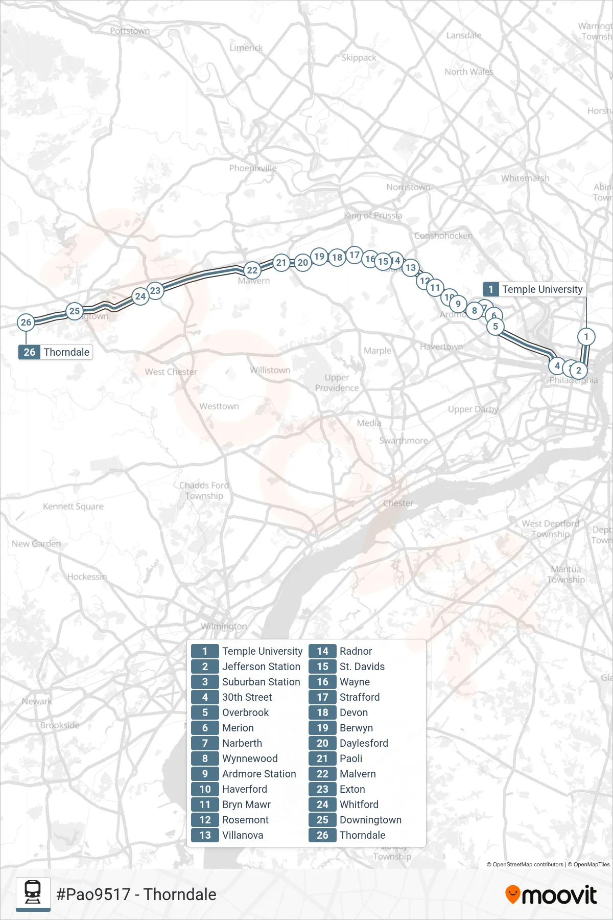 PAO train Line (#Pao9517 - Thorndale) route and stops on a map