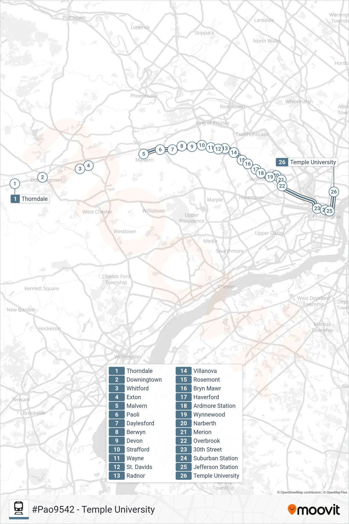 PAO train Line (#Pao9542 - Temple University) route and stops on a map
