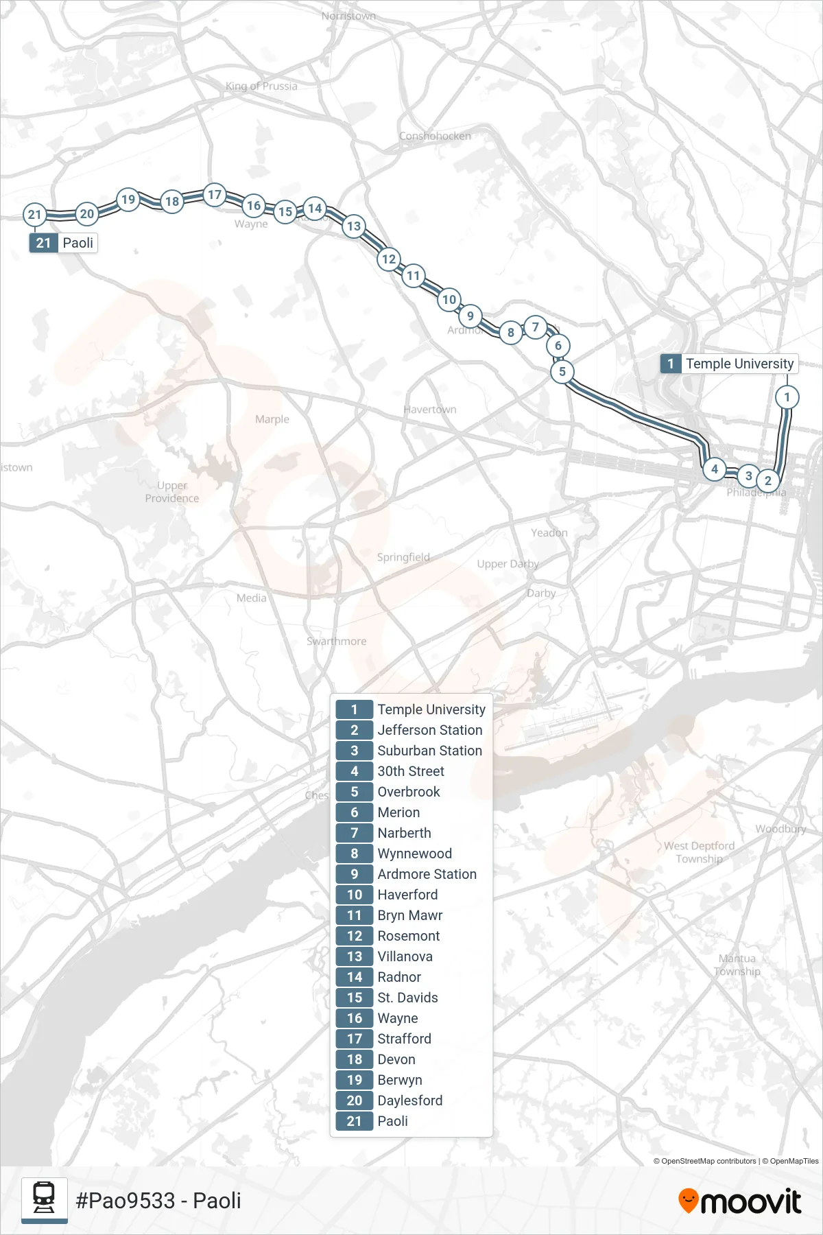 PAO rail Line (#Pao9533 - Paoli) route and stops on a map