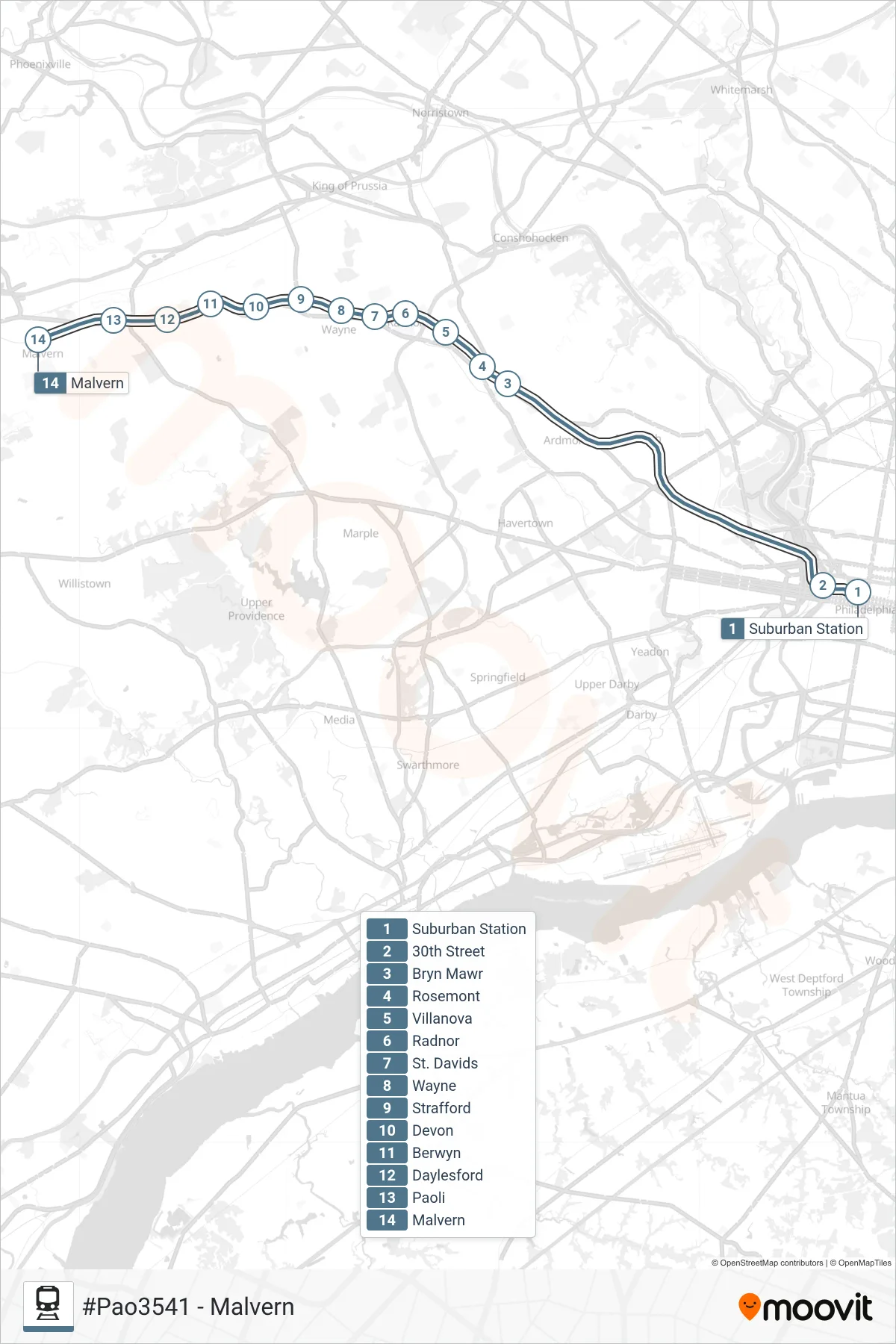 PAO train Line (#Pao3541 - Malvern) route and stops on a map