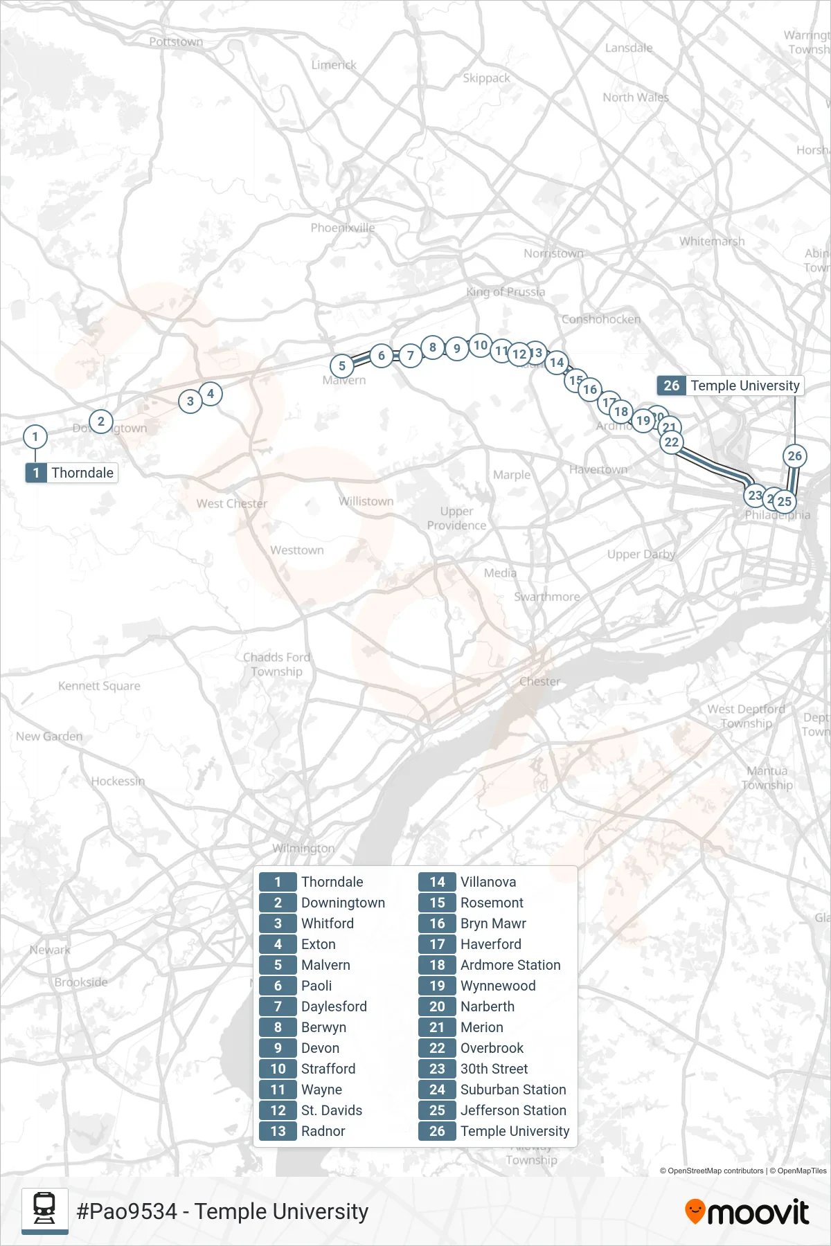 PAO train Line (#Pao9534 - Temple University) route and stops on a map