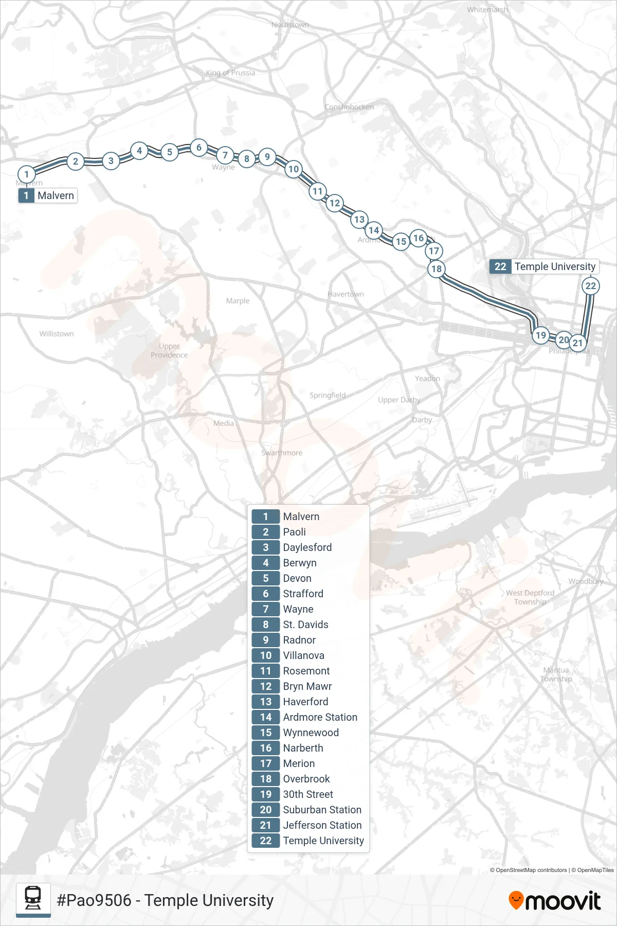 PAO train Line (#Pao9506 - Temple University) route and stops on a map